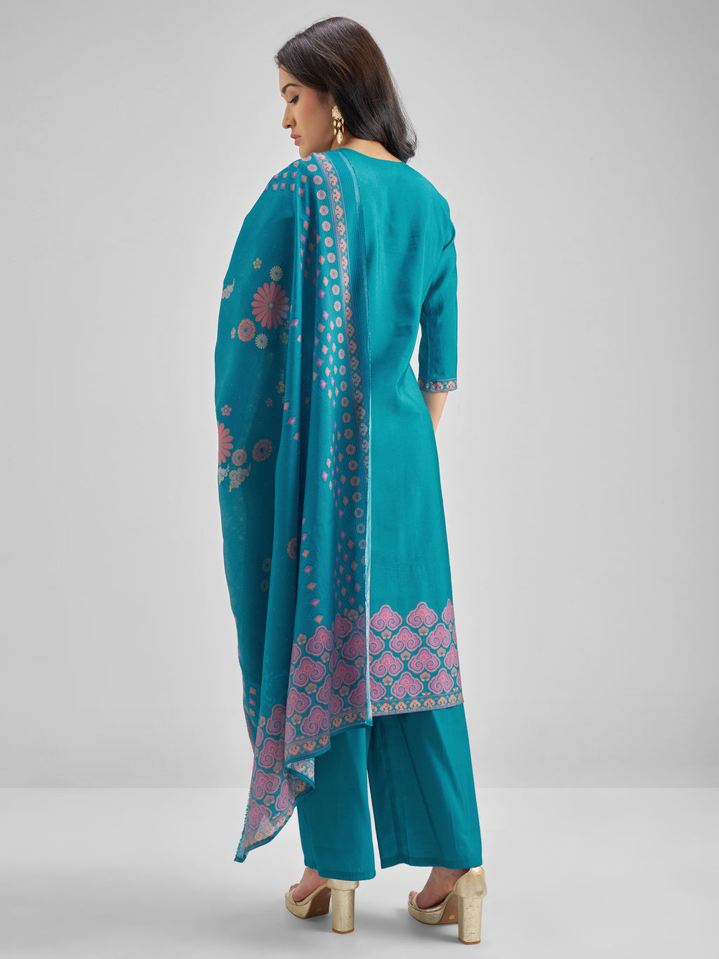 Vishudh Women Teal Printed Kurta With Trouser And Dupatta - Teal - Image 3