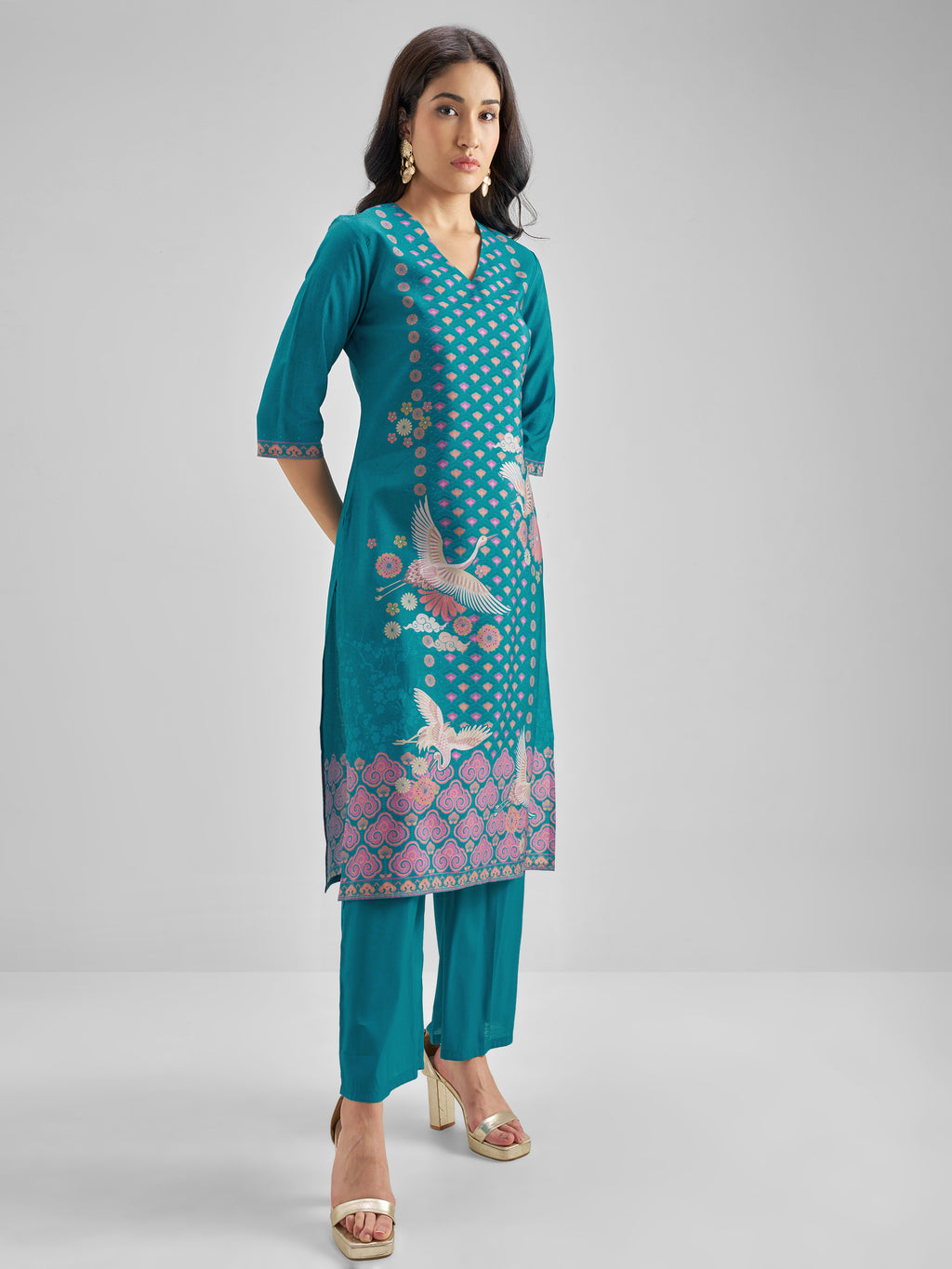 Vishudh Women Teal Printed Kurta With Trouser And Dupatta - Teal - Image 4