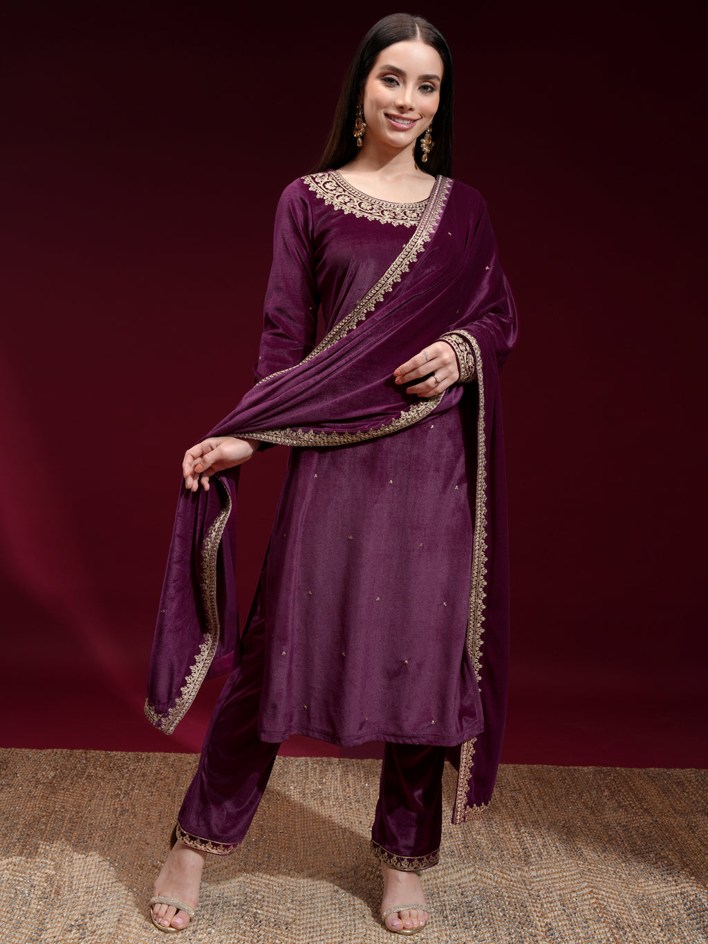 Vishudh Women Purple Embroidered Kurta With Trouser And Dupatta - Purple - Image 2