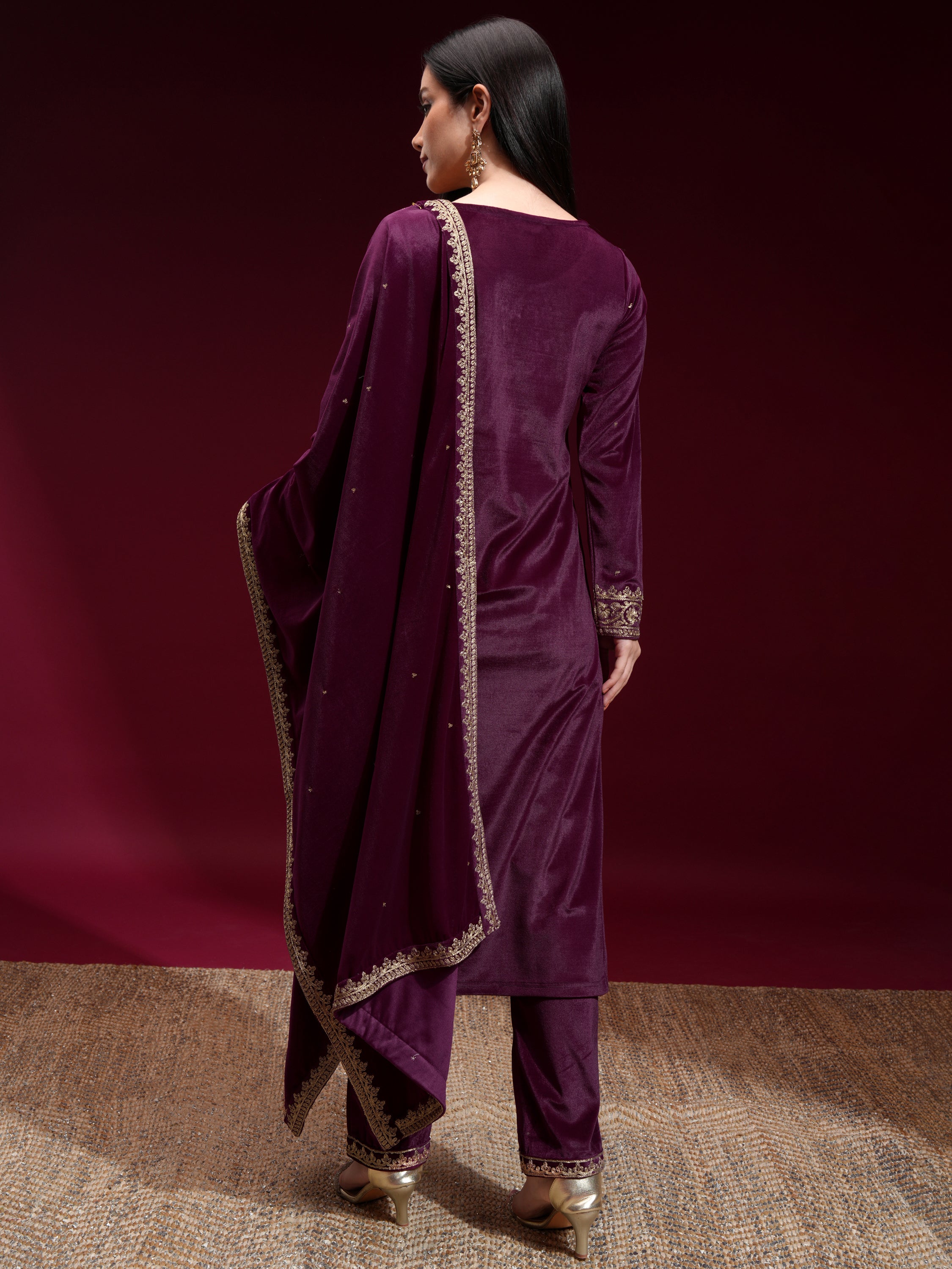 Vishudh Women Purple Embroidered Kurta With Trouser And Dupatta - Purple - Image 3