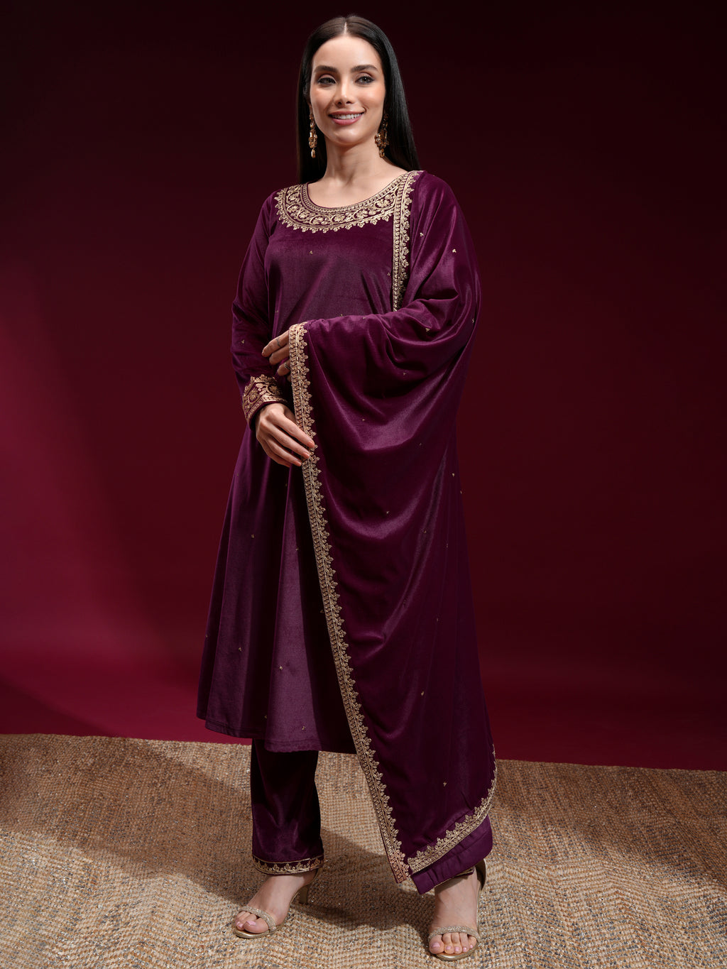 Vishudh Women Purple Embroidered Kurta With Trouser And Dupatta - Purple - Image 4