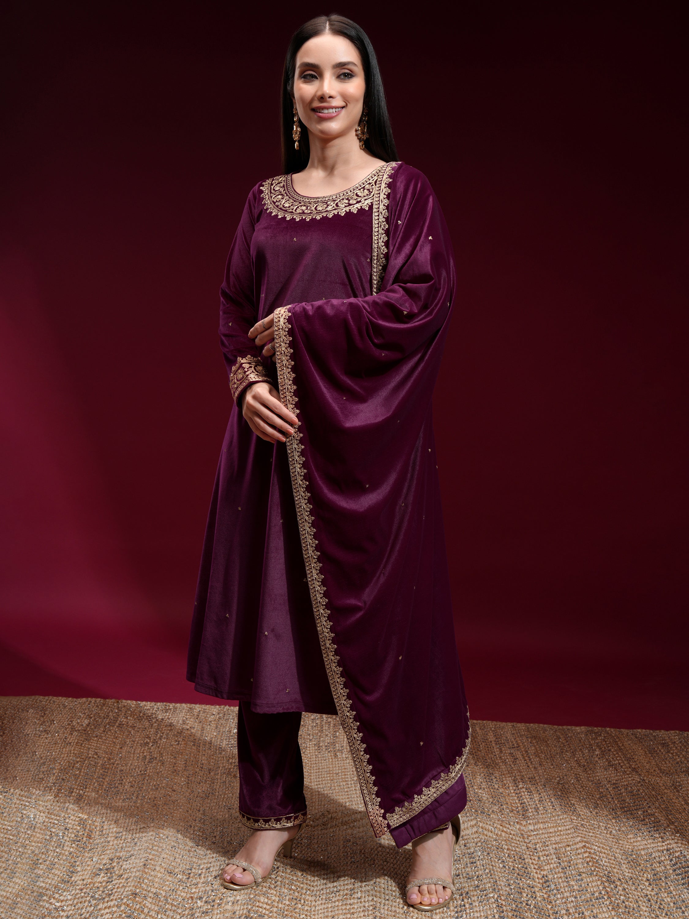 Vishudh Women Purple Embroidered Kurta With Trouser And Dupatta - Purple - Image 4