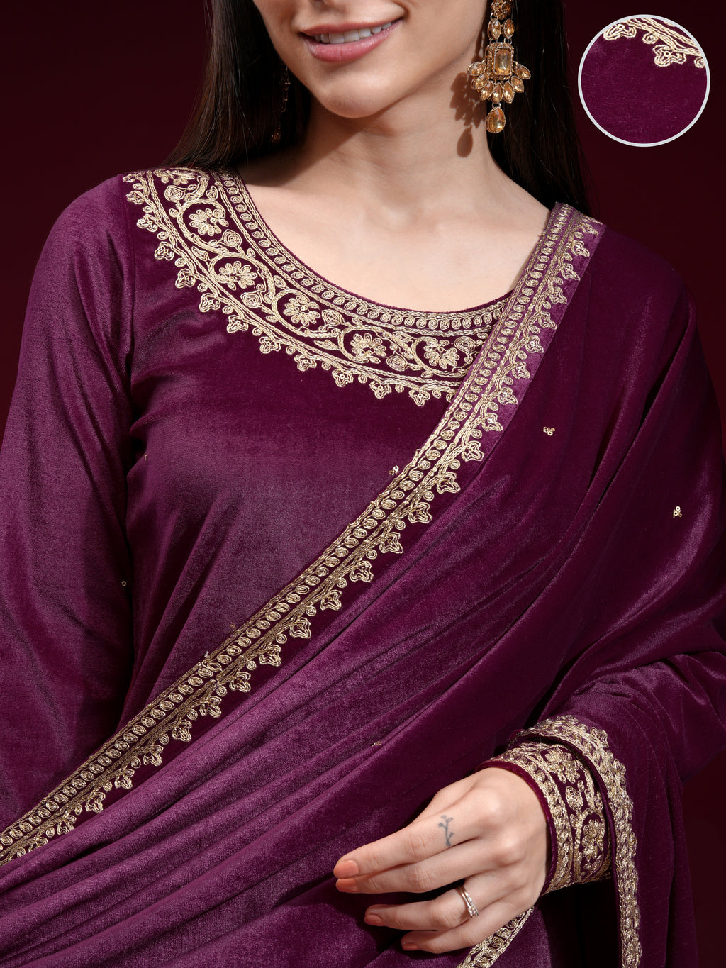Vishudh Women Purple Embroidered Kurta With Trouser And Dupatta - Purple - Image 5