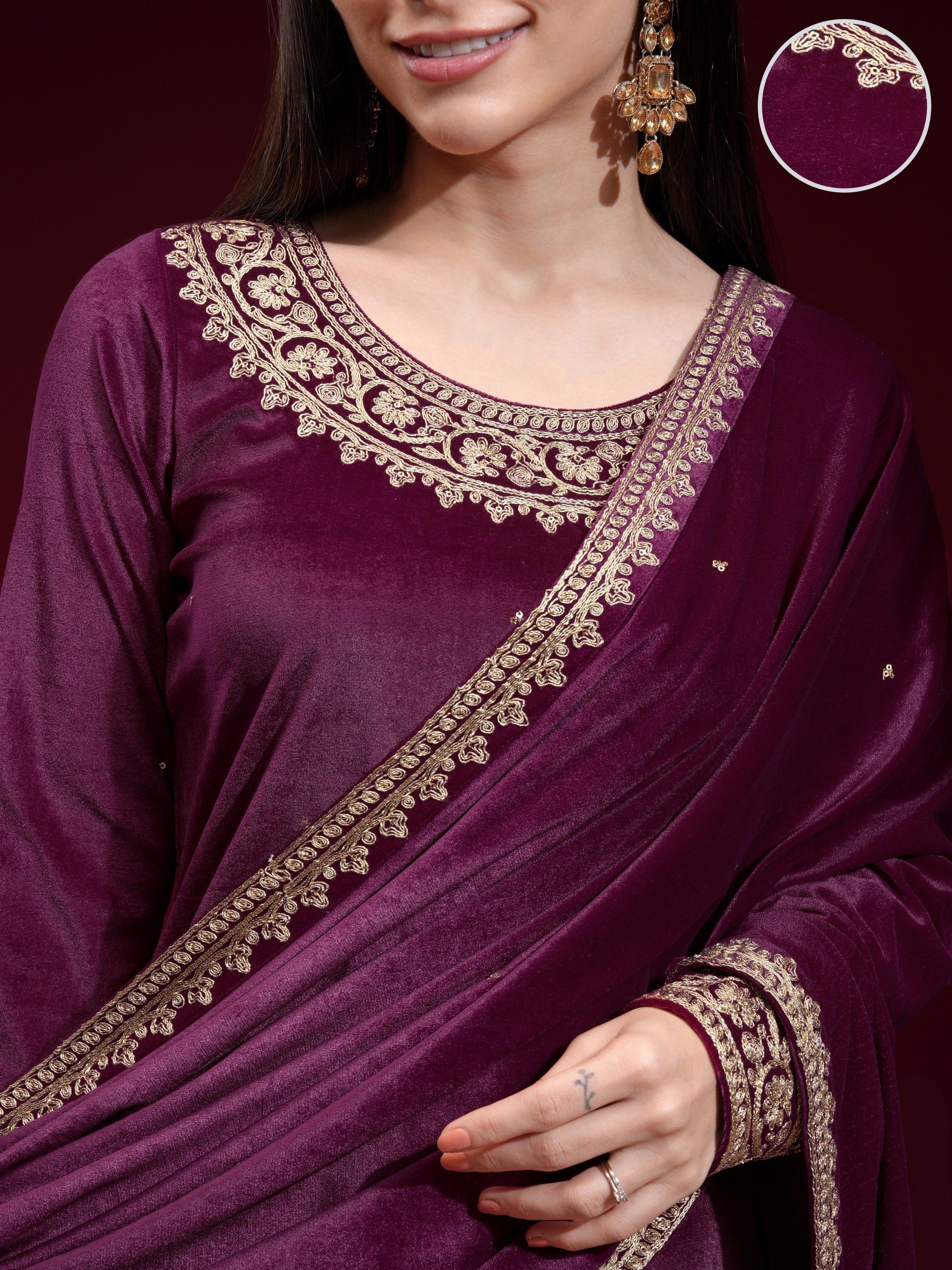 Vishudh Women Purple Embroidered Kurta With Trouser And Dupatta - Purple - Image 5