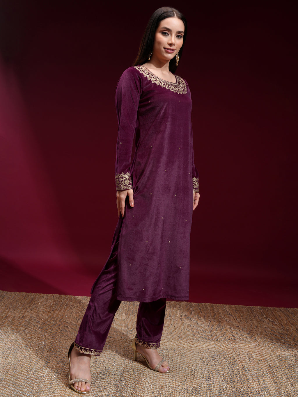 Vishudh Women Purple Embroidered Kurta With Trouser And Dupatta - Purple - Image 6
