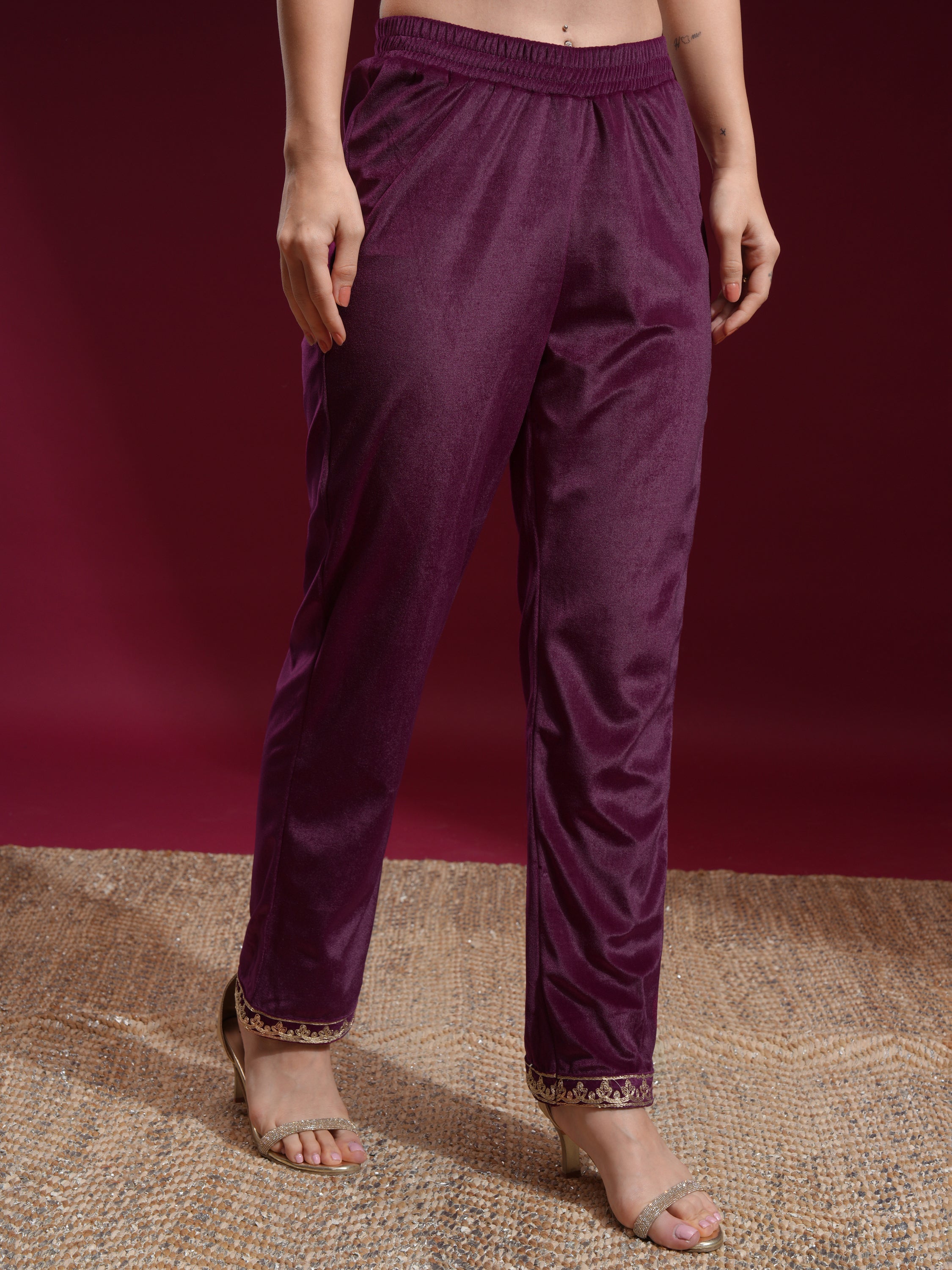Vishudh Women Purple Embroidered Kurta With Trouser And Dupatta - Purple - Image 7