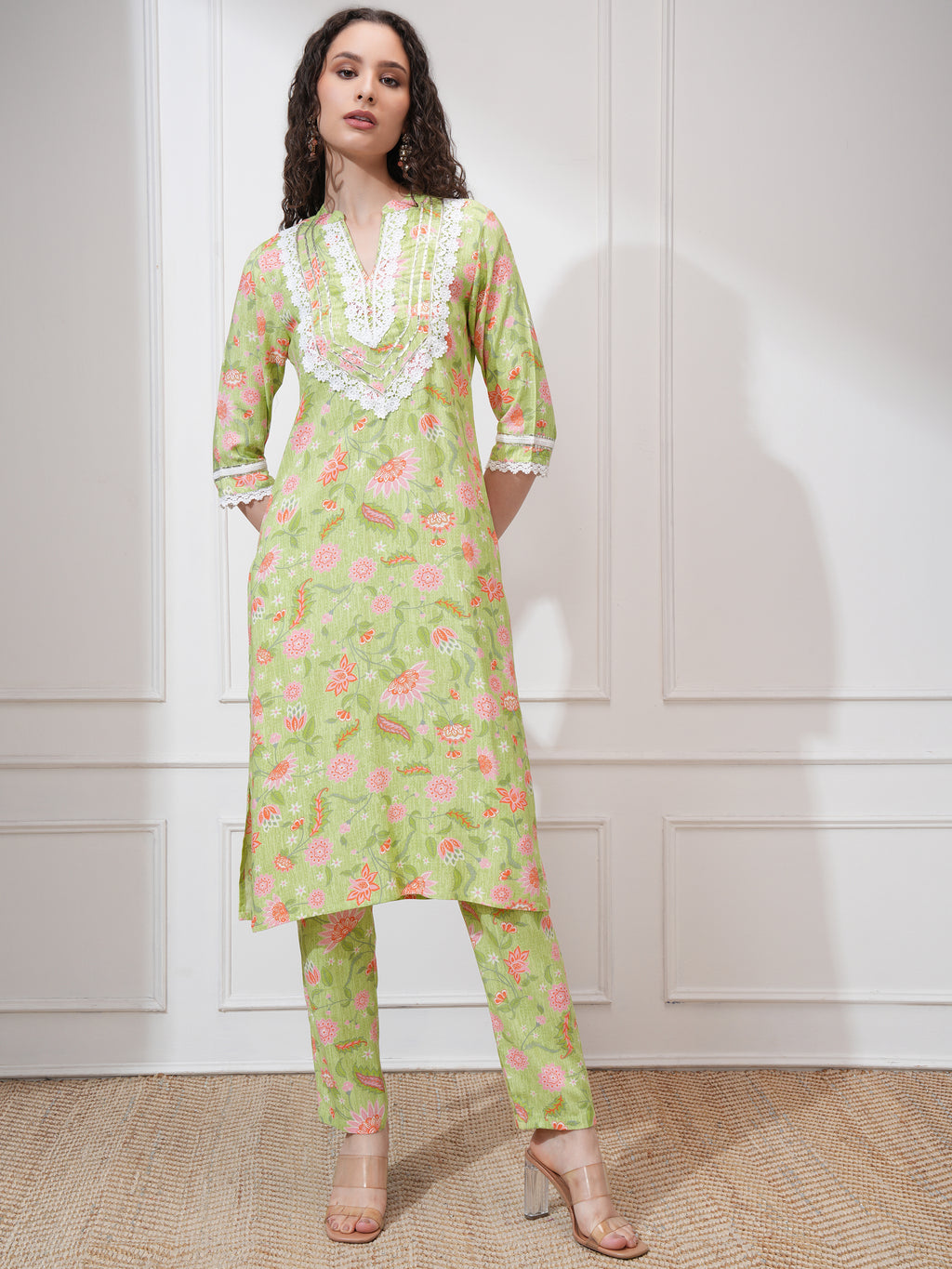 Vishudh Women Lime Green Kurta With Trouser - Lime Green - Image 1