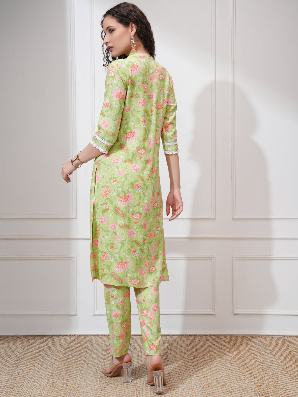 Vishudh Women Lime Green Kurta With Trouser - Lime Green - Image 3