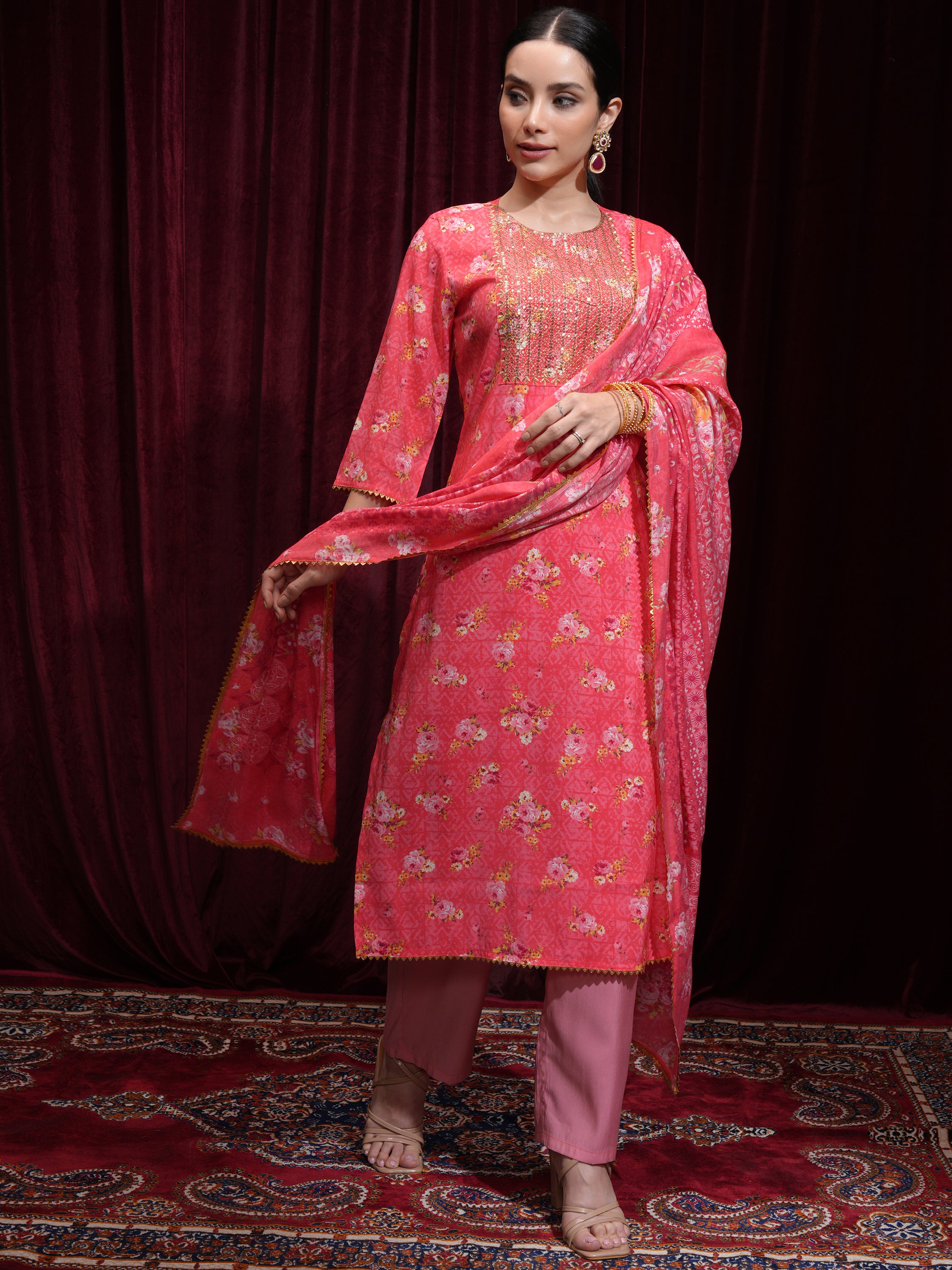Vishudh Women Pink Printed Kurta With Trouser And Dupatta - Pink - Image 2