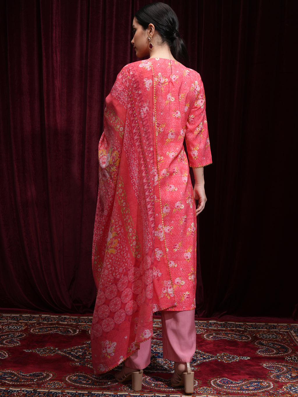Vishudh Women Pink Printed Kurta With Trouser And Dupatta - Pink - Image 3