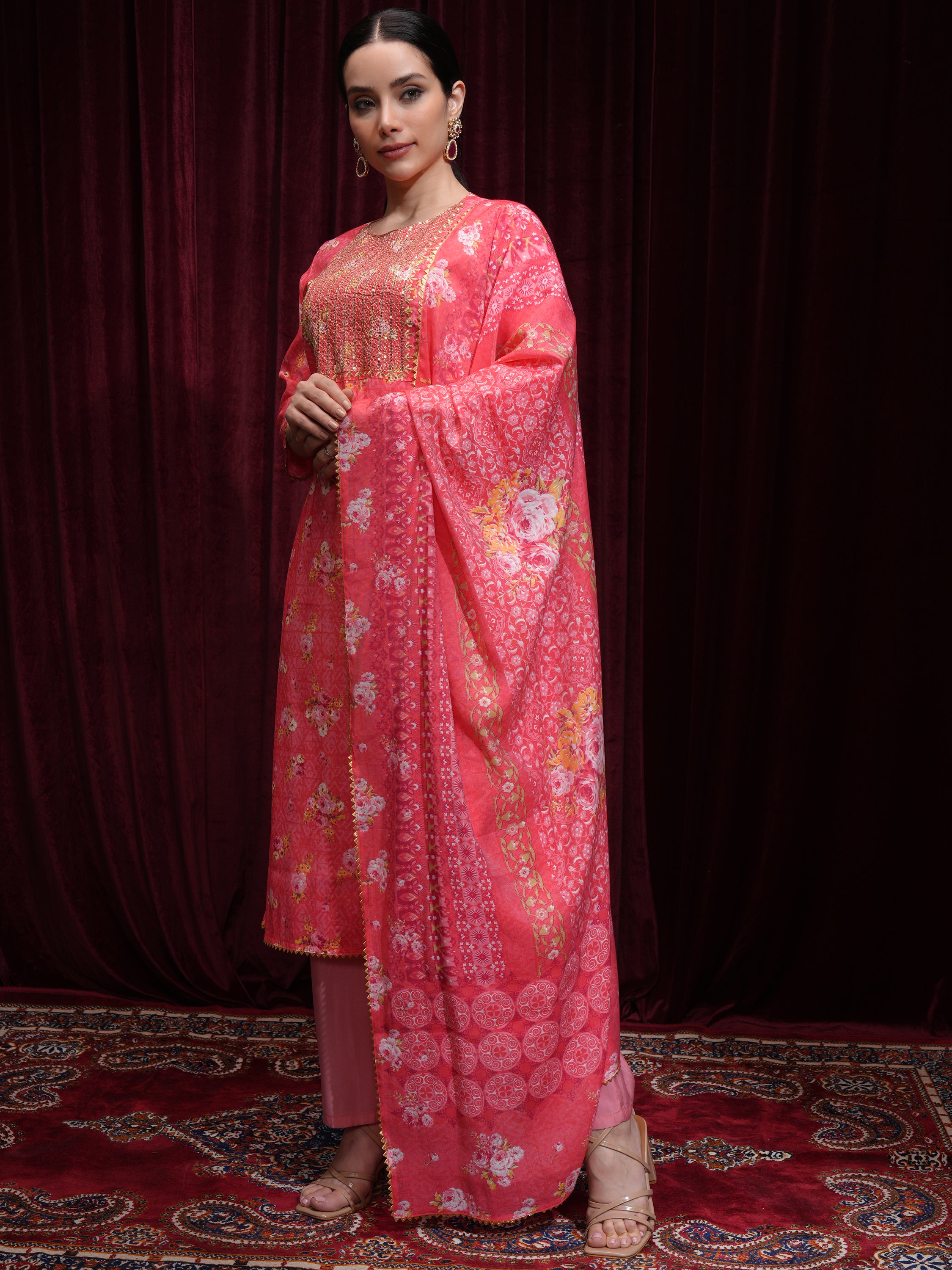 Vishudh Women Pink Printed Kurta With Trouser And Dupatta - Pink - Image 4