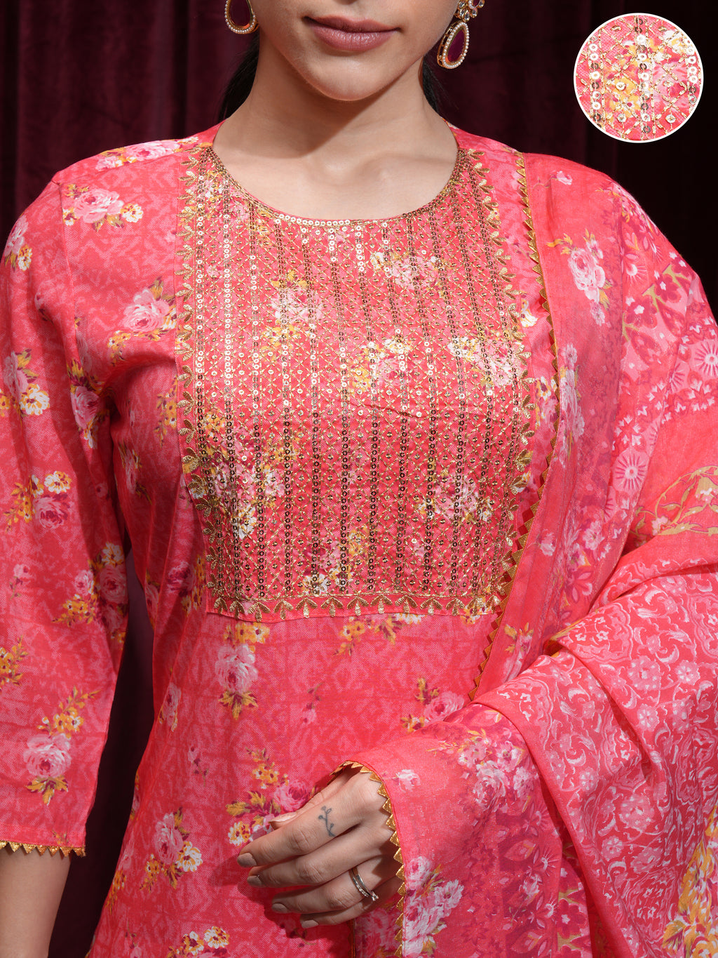 Vishudh Women Pink Printed Kurta With Trouser And Dupatta - Pink - Image 5
