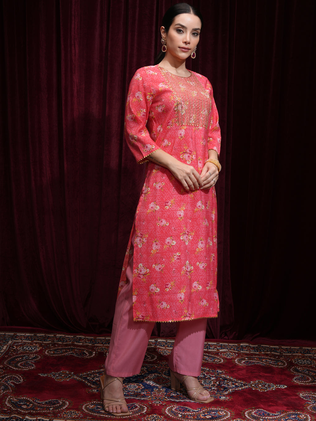 Vishudh Women Pink Printed Kurta With Trouser And Dupatta - Pink - Image 6