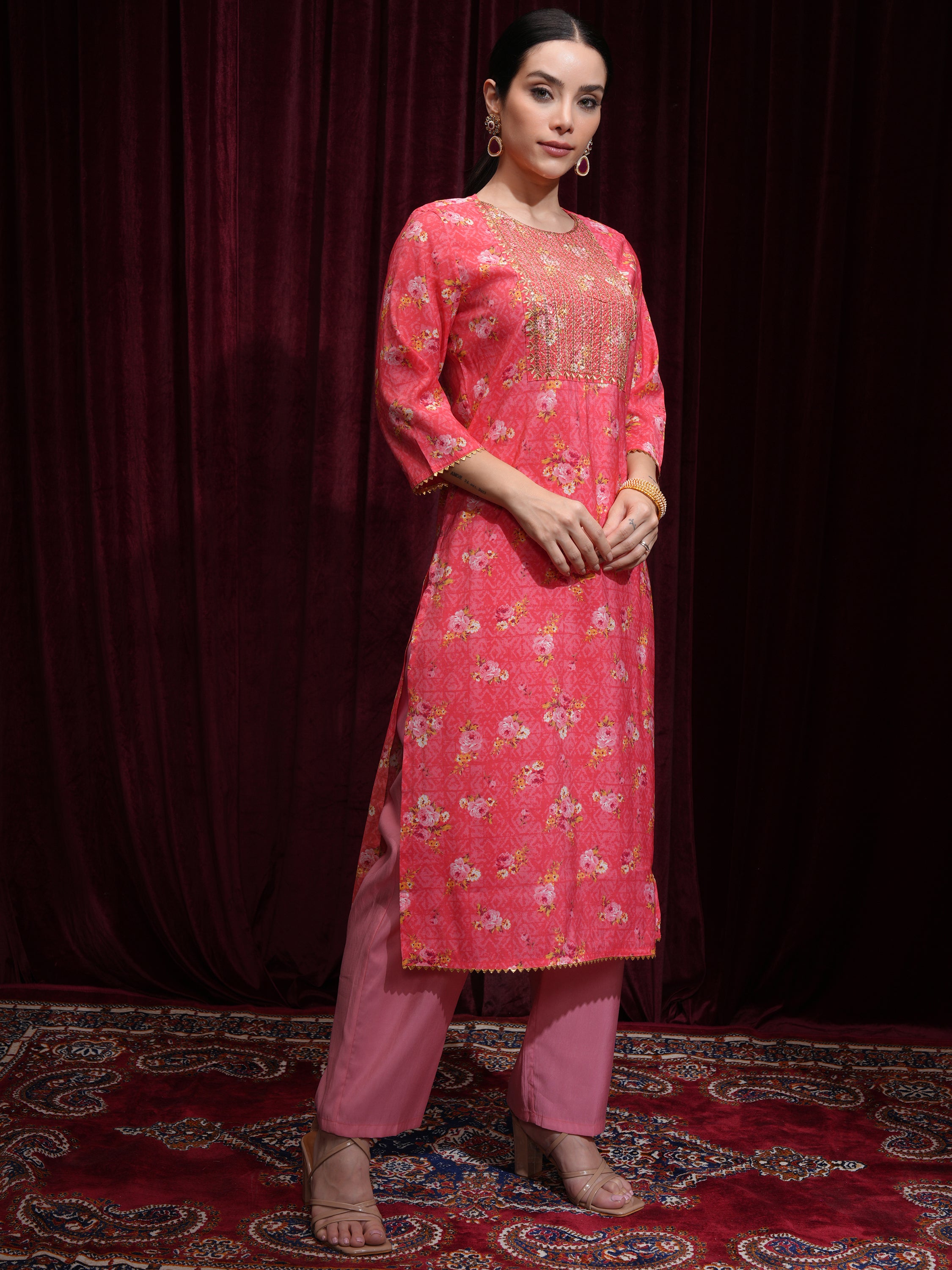 Vishudh Women Pink Printed Kurta With Trouser And Dupatta - Pink - Image 6