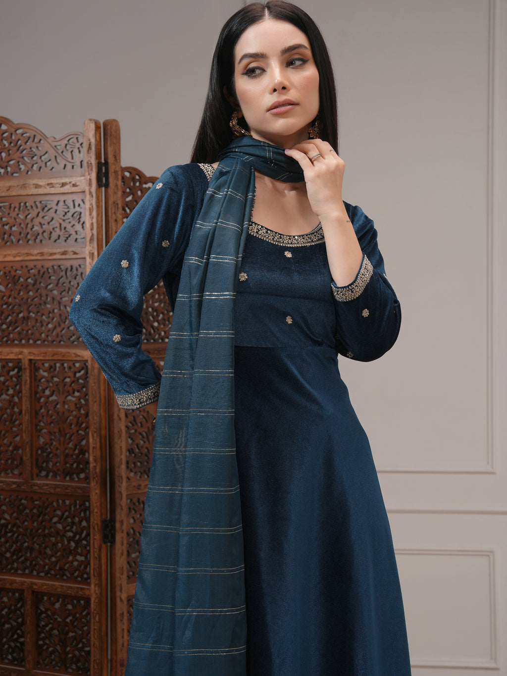 Vishudh Women Teal Women Kurta With Trousers And Dupatta - Teal - Image 1