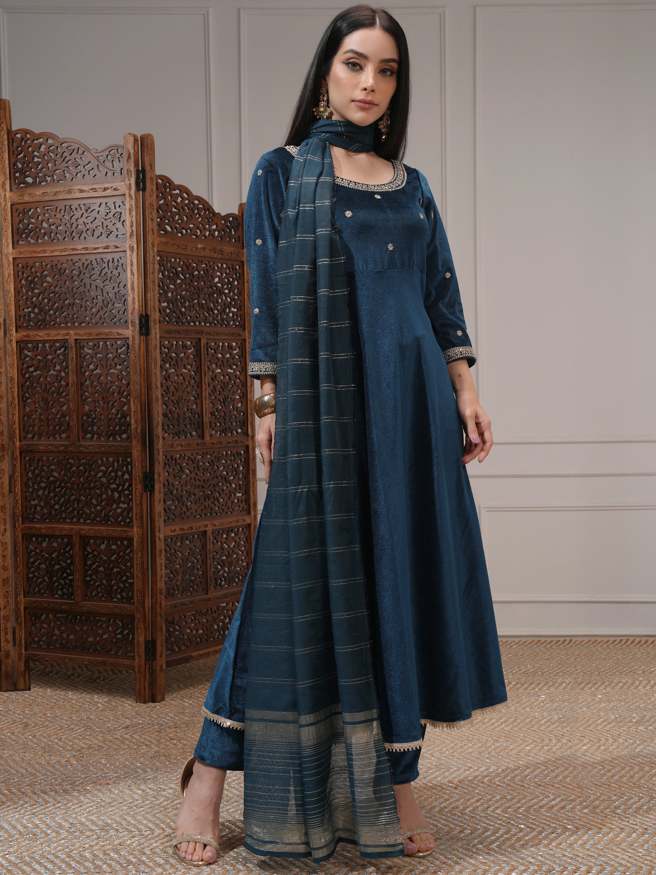 Vishudh Women Teal Women Kurta With Trousers And Dupatta - Teal - Image 2