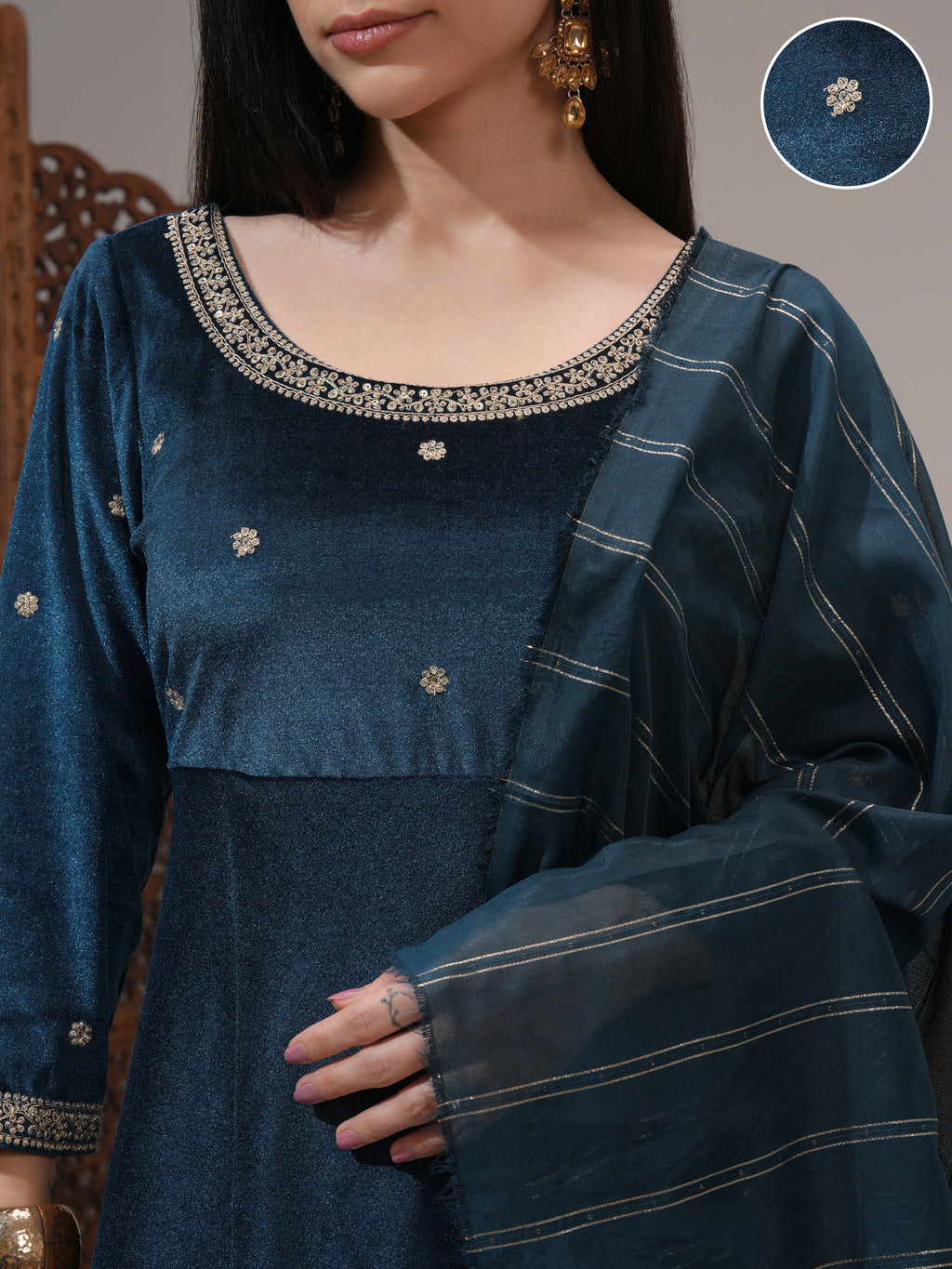 Vishudh Women Teal Women Kurta With Trousers And Dupatta - Teal - Image 5
