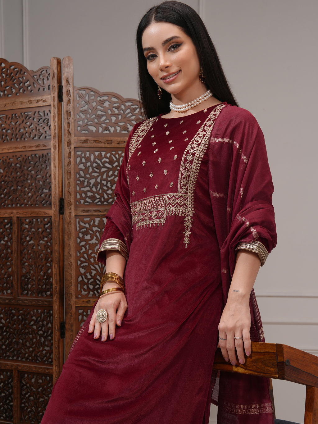 Vishudh Women Red Women Kurta With Trousers And Dupatta - Red - Image 1