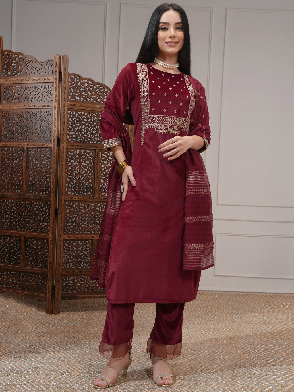 Vishudh Women Red Women Kurta With Trousers And Dupatta - Red - Image 2
