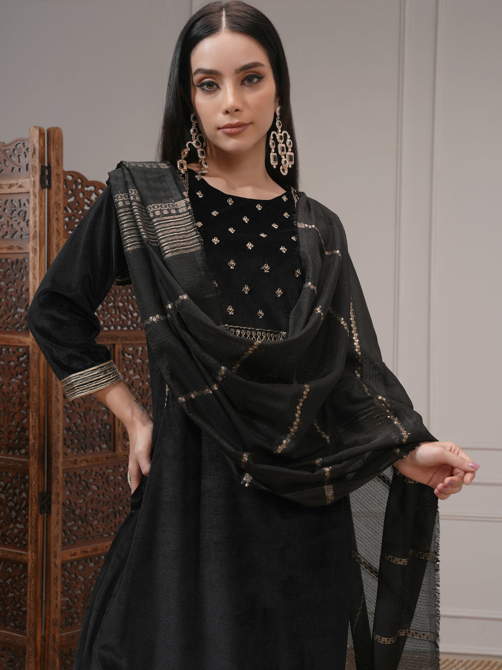 Vishudh Women Black Embroidered Kurta With Trouser And Dupatta - Black - Image 1