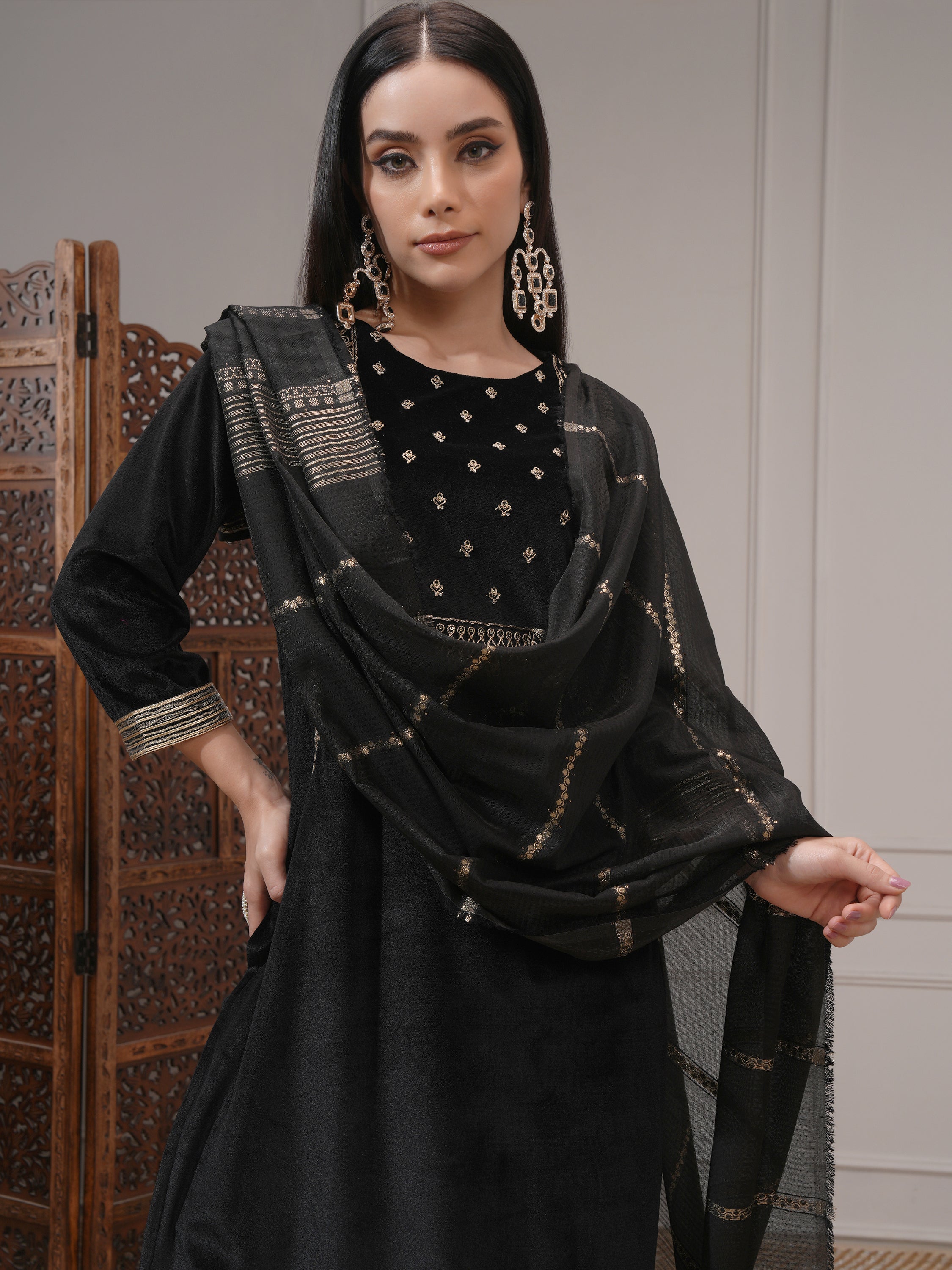 Vishudh Women Black Embroidered Kurta With Trouser And Dupatta - Black - Image 1