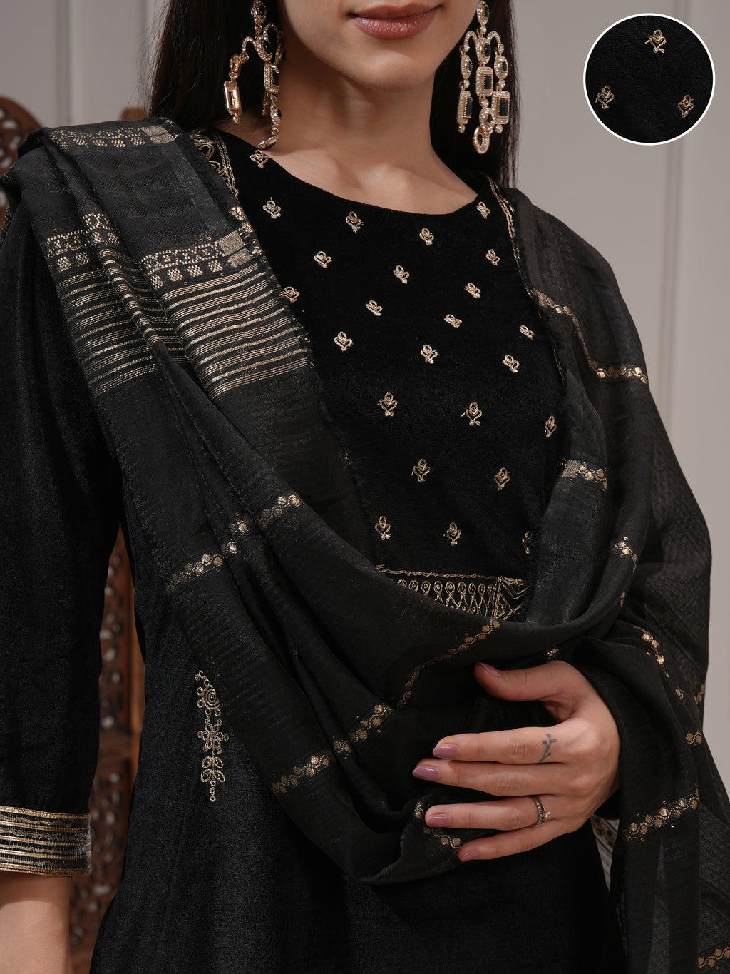 Vishudh Women Black Embroidered Kurta With Trouser And Dupatta - Black - Image 5
