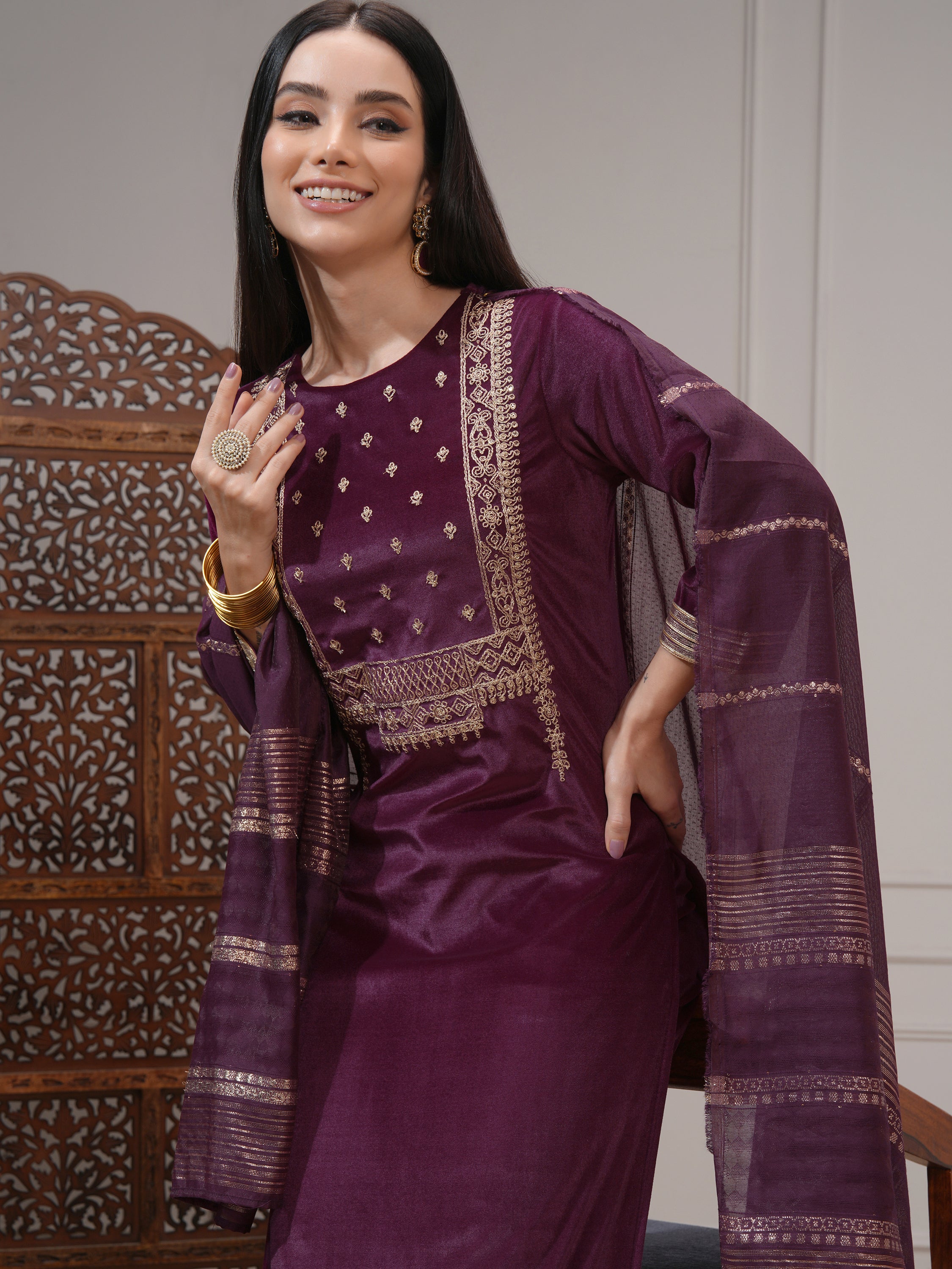 Vishudh Women Purple Women Kurta With Trousers And Dupatta - Purple - Image 1