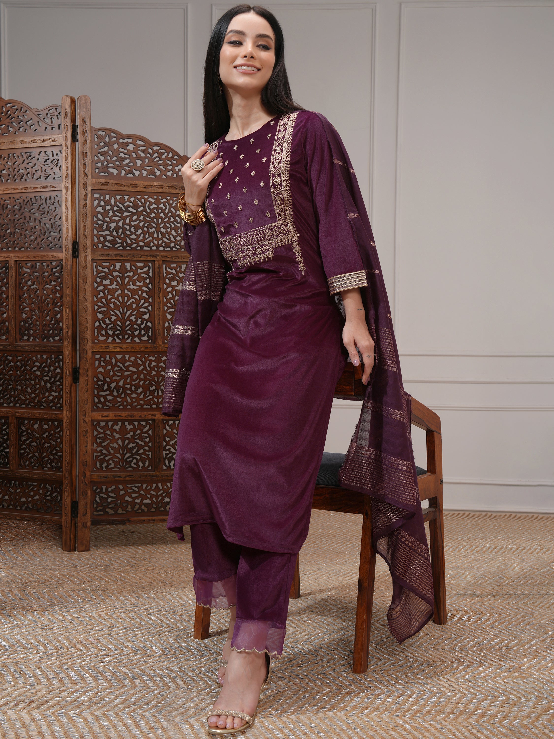 Vishudh Women Purple Women Kurta With Trousers And Dupatta - Purple - Image 2