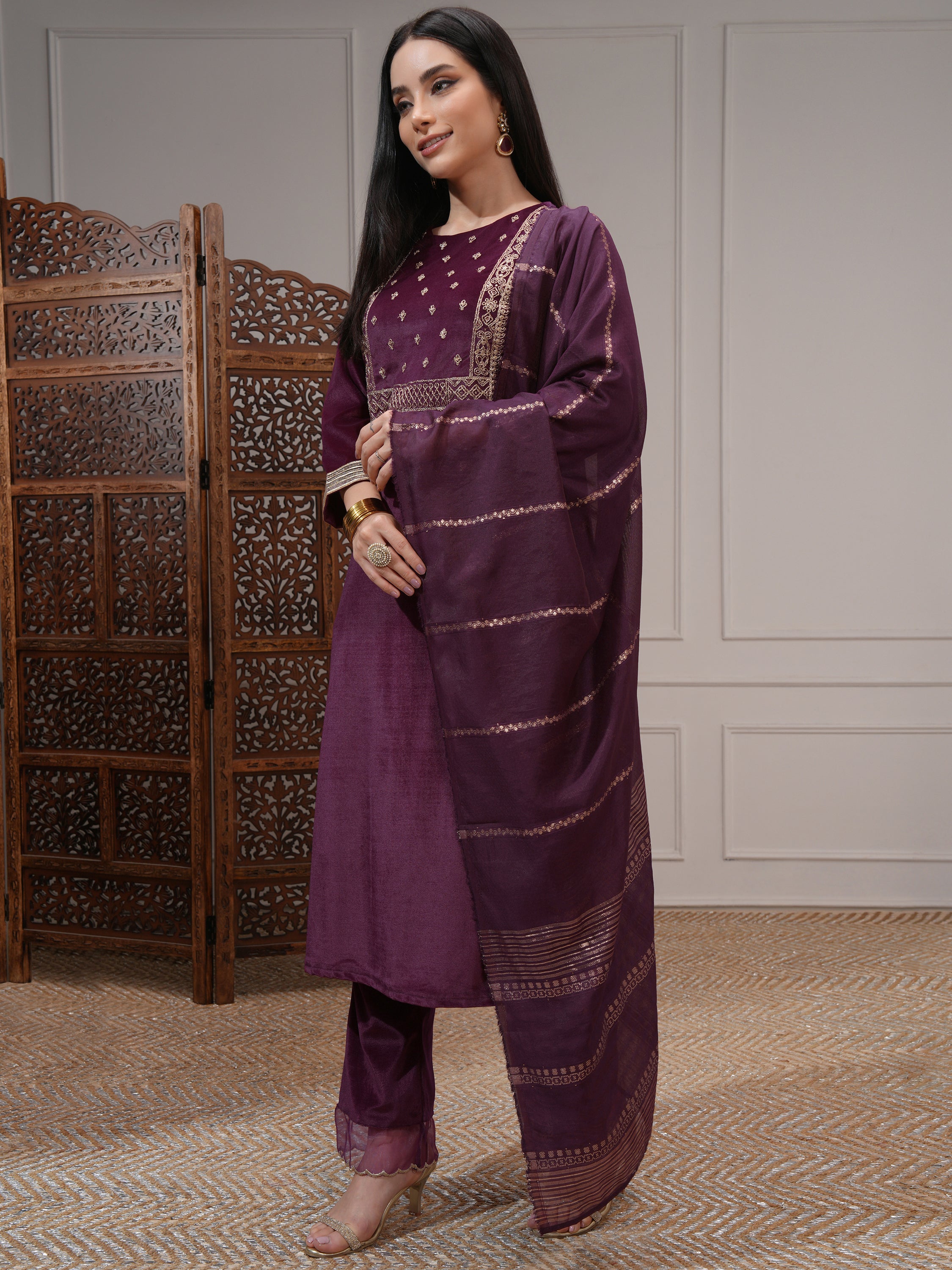 Vishudh Women Purple Women Kurta With Trousers And Dupatta - Purple - Image 4
