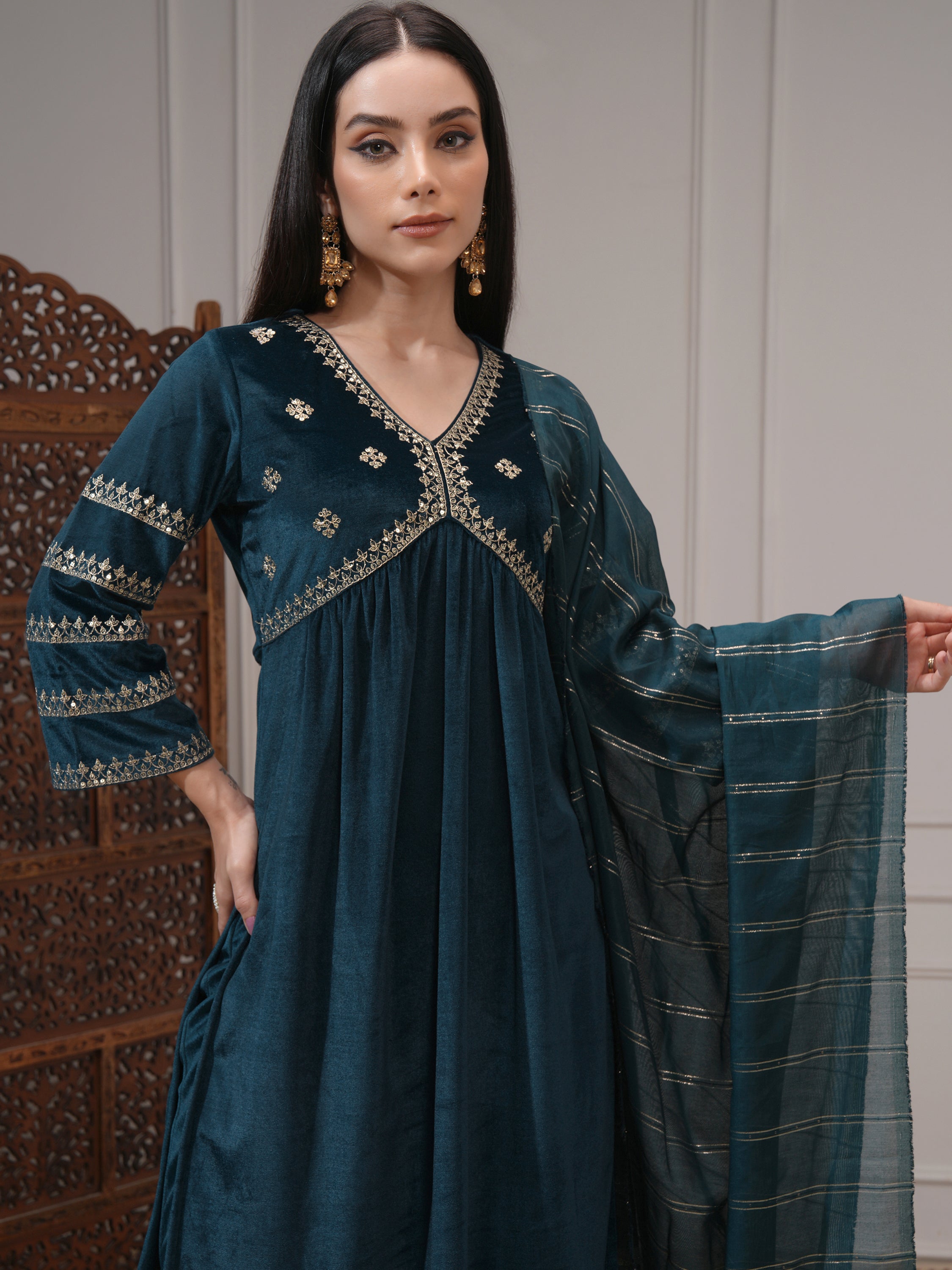 Vishudh Women Teal Women Kurta With Trousers And Dupatta - Teal - Image 1