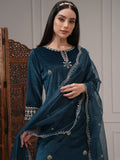 Vishudh Women Teal Embroidered Kurta With Trouser And Dupatta - Teal - Image 1