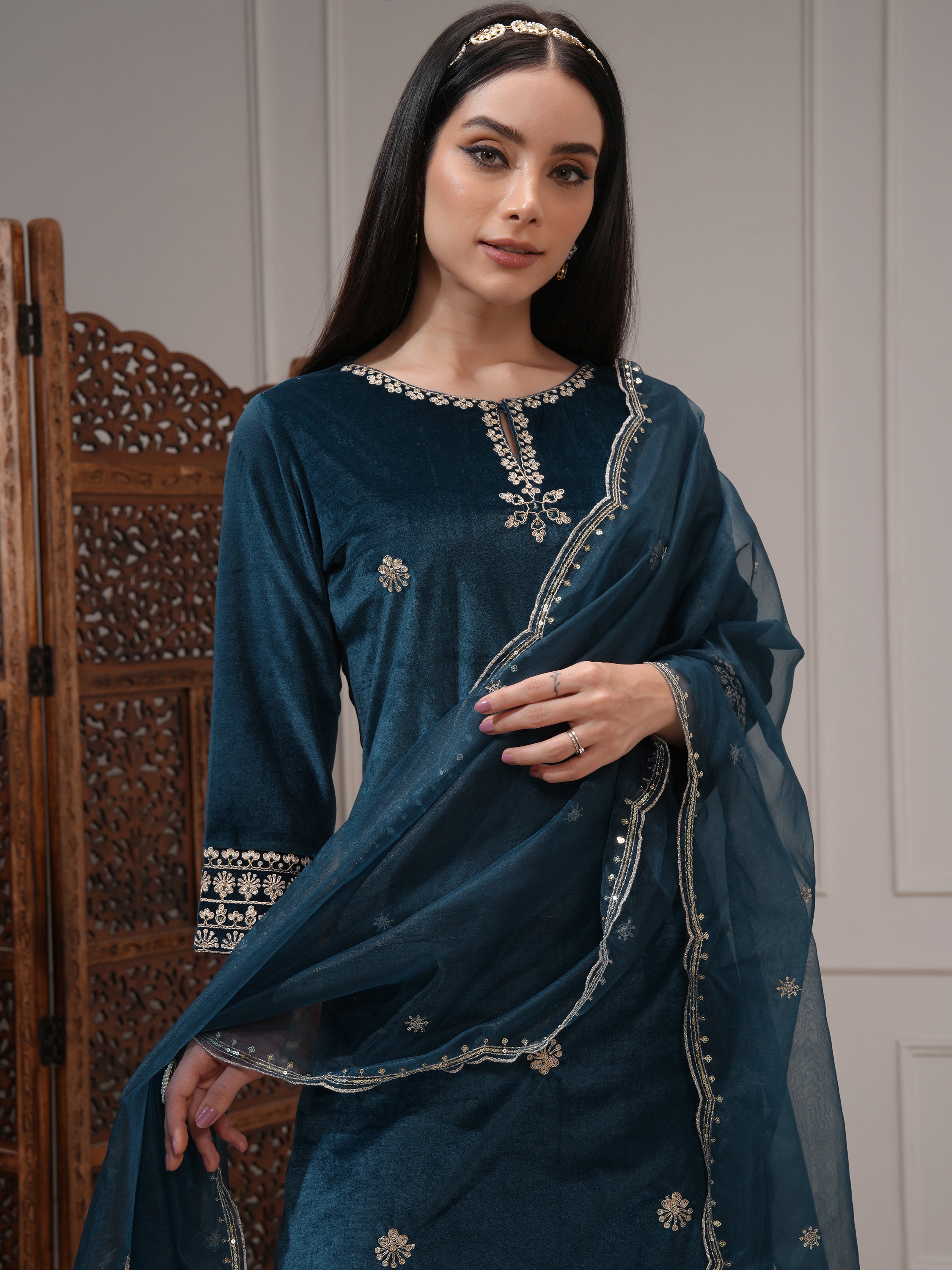 Vishudh Women Teal Embroidered Kurta With Trouser And Dupatta - Teal - Image 1