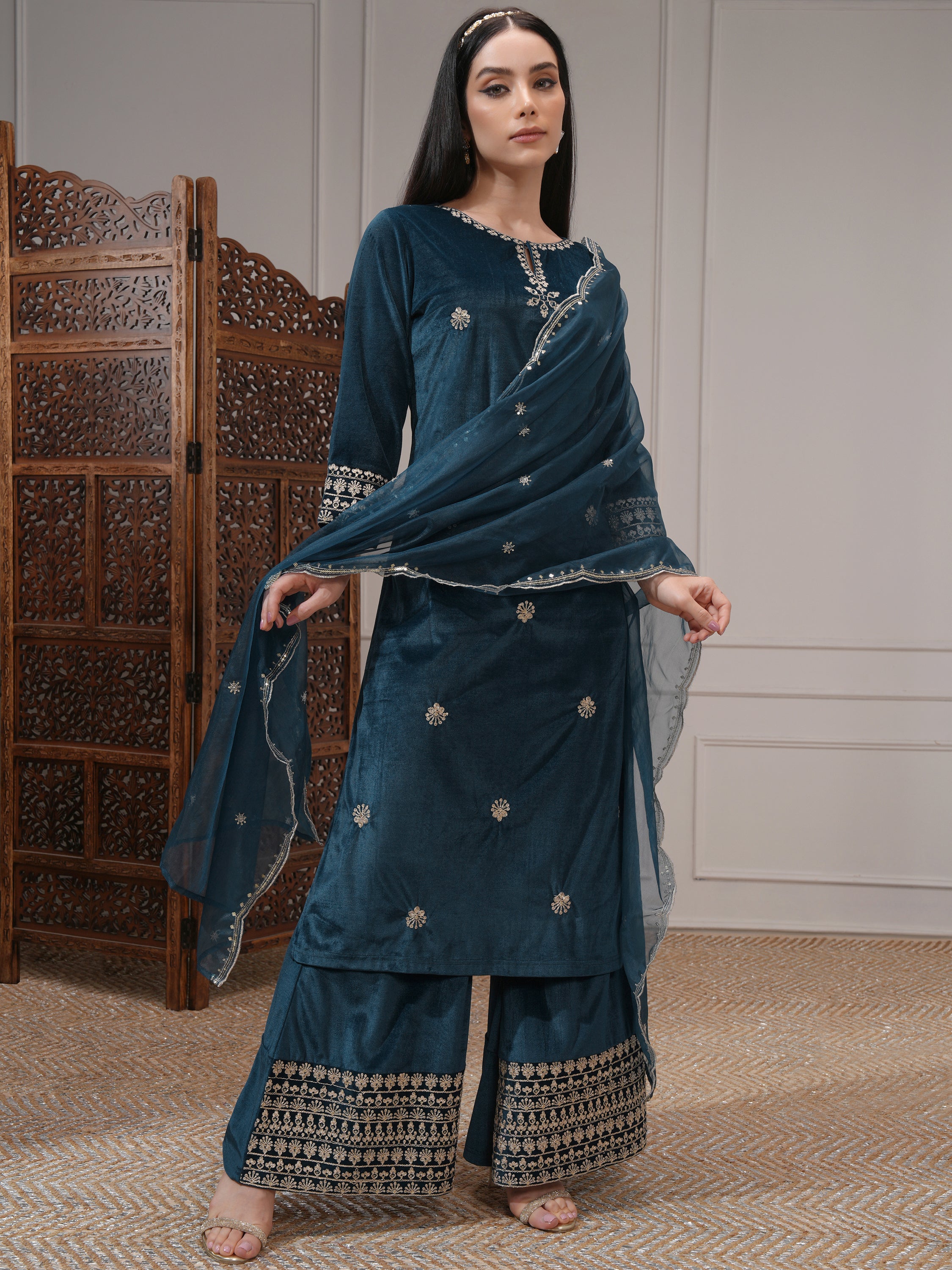 Vishudh Women Teal Embroidered Kurta With Trouser And Dupatta - Teal - Image 2