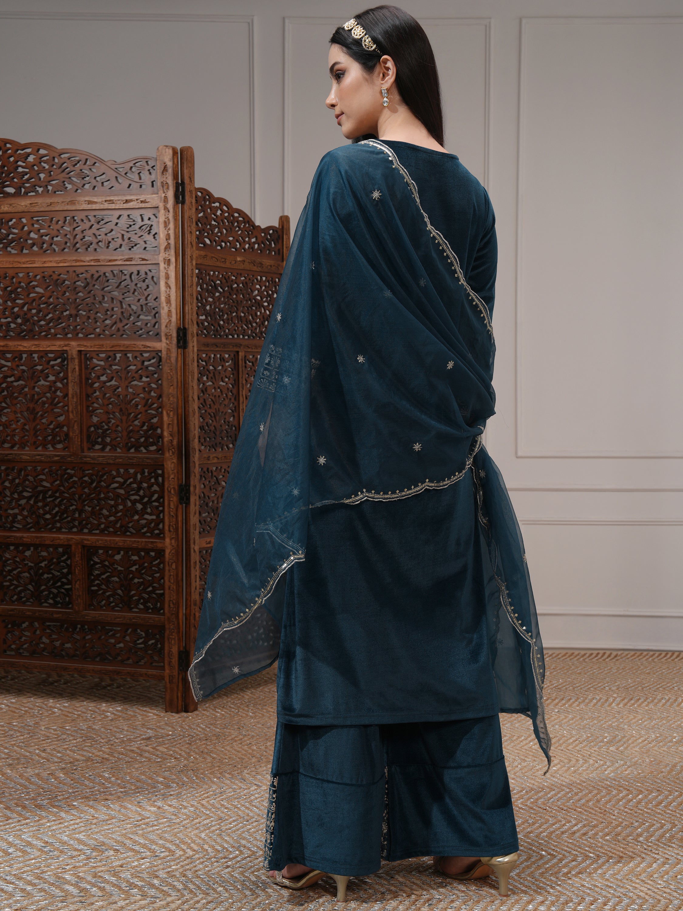 Vishudh Women Teal Embroidered Kurta With Trouser And Dupatta - Teal - Image 3