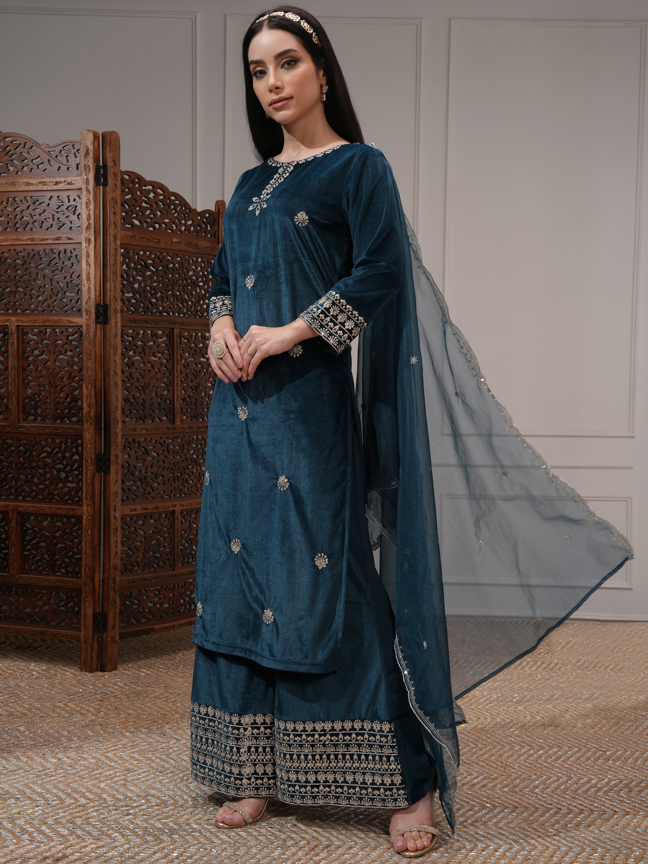 Vishudh Women Teal Embroidered Kurta With Trouser And Dupatta - Teal - Image 4