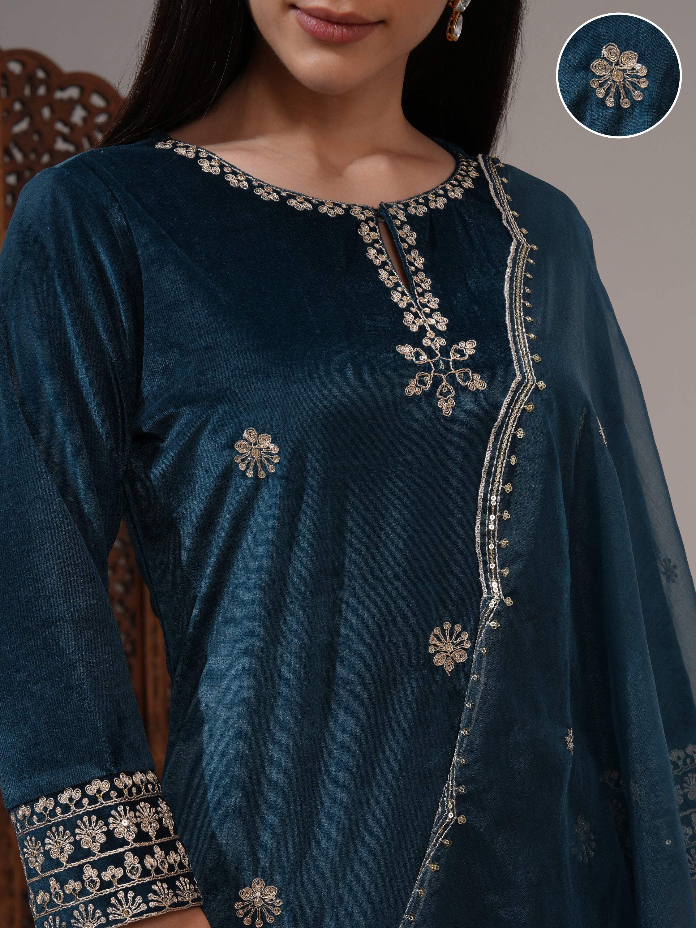 Vishudh Women Teal Embroidered Kurta With Trouser And Dupatta - Teal - Image 5