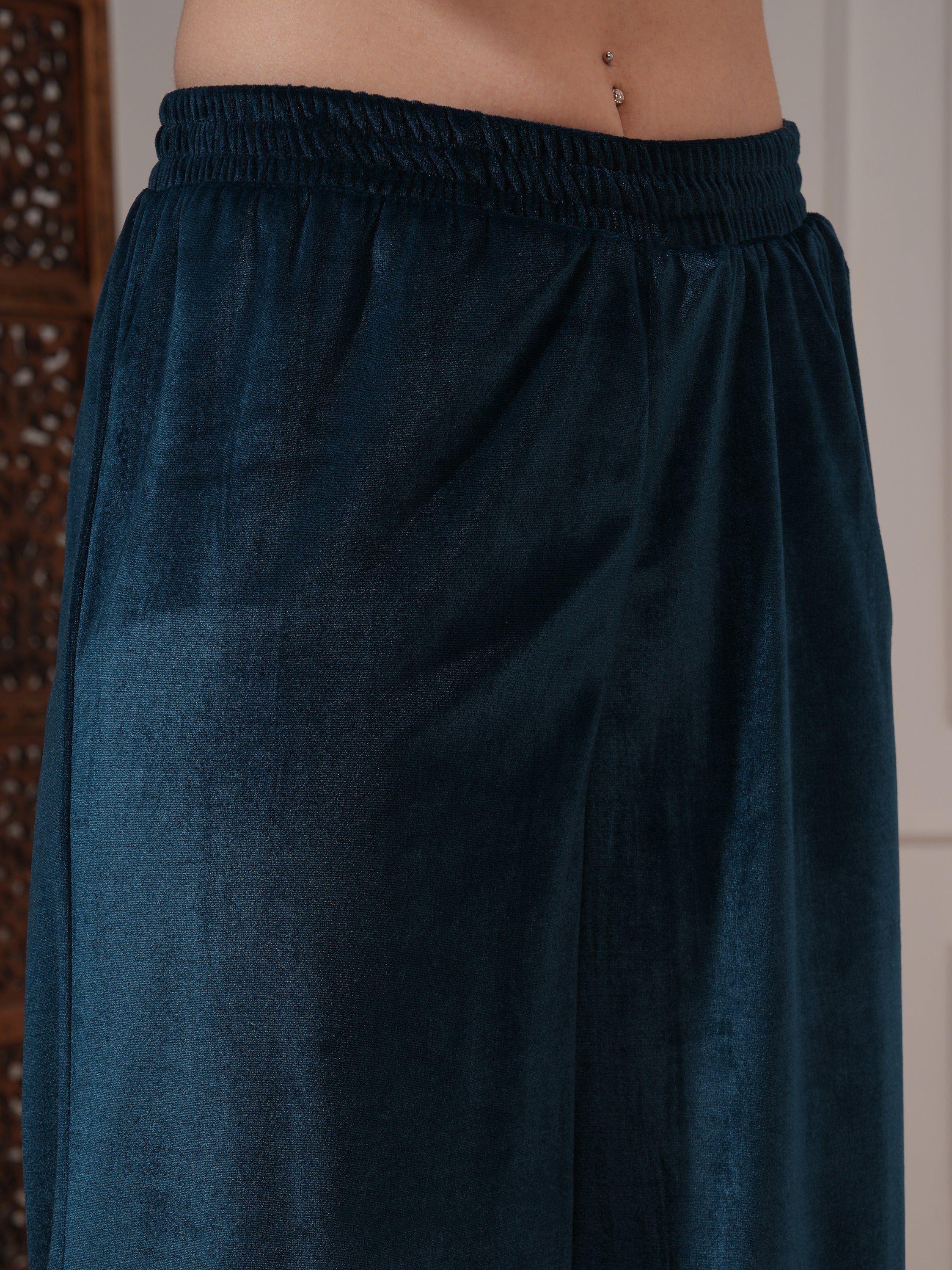 Vishudh Women Teal Embroidered Kurta With Trouser And Dupatta - Teal - Image 7