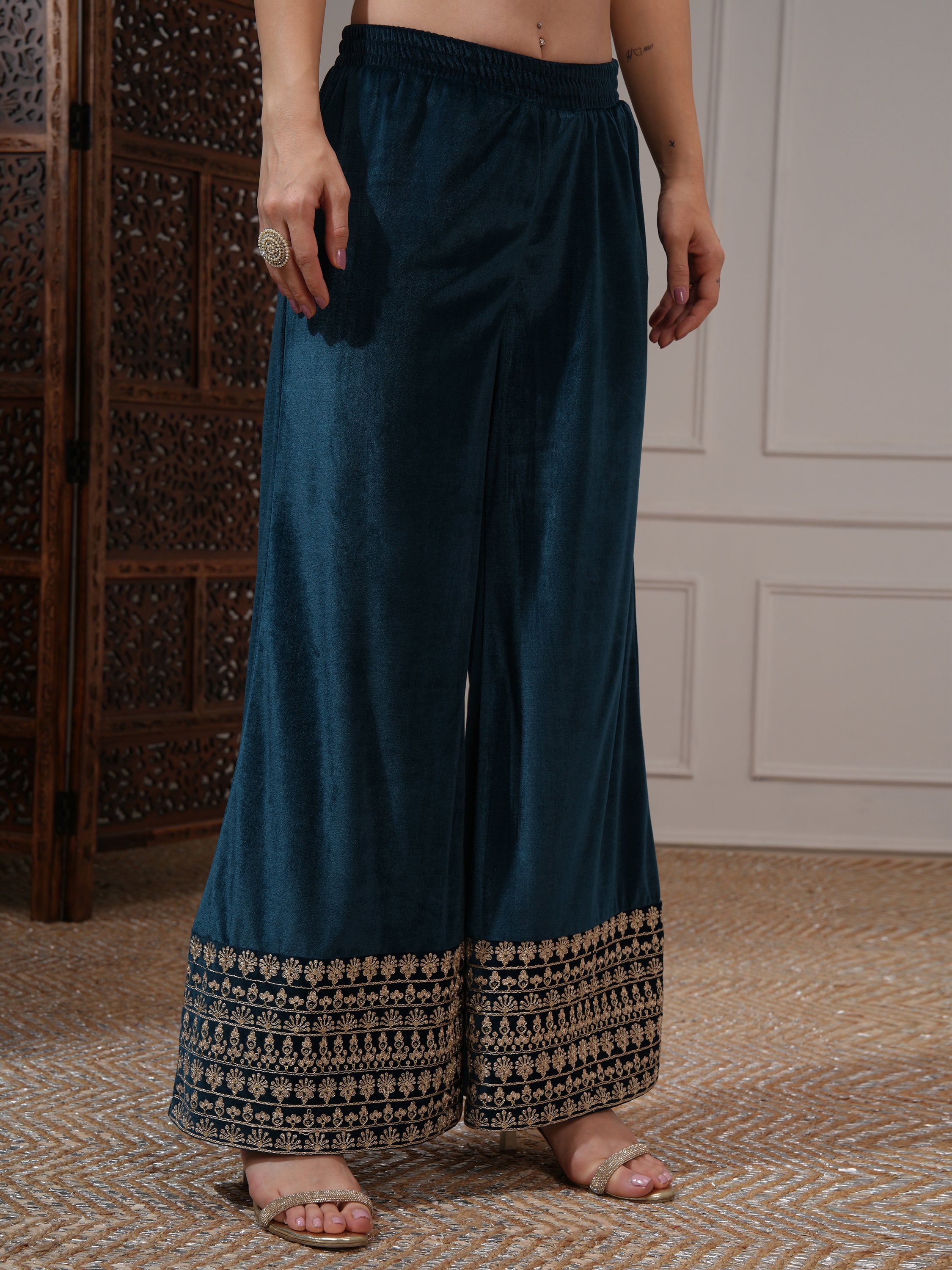 Vishudh Women Teal Embroidered Kurta With Trouser And Dupatta - Teal - Image 8
