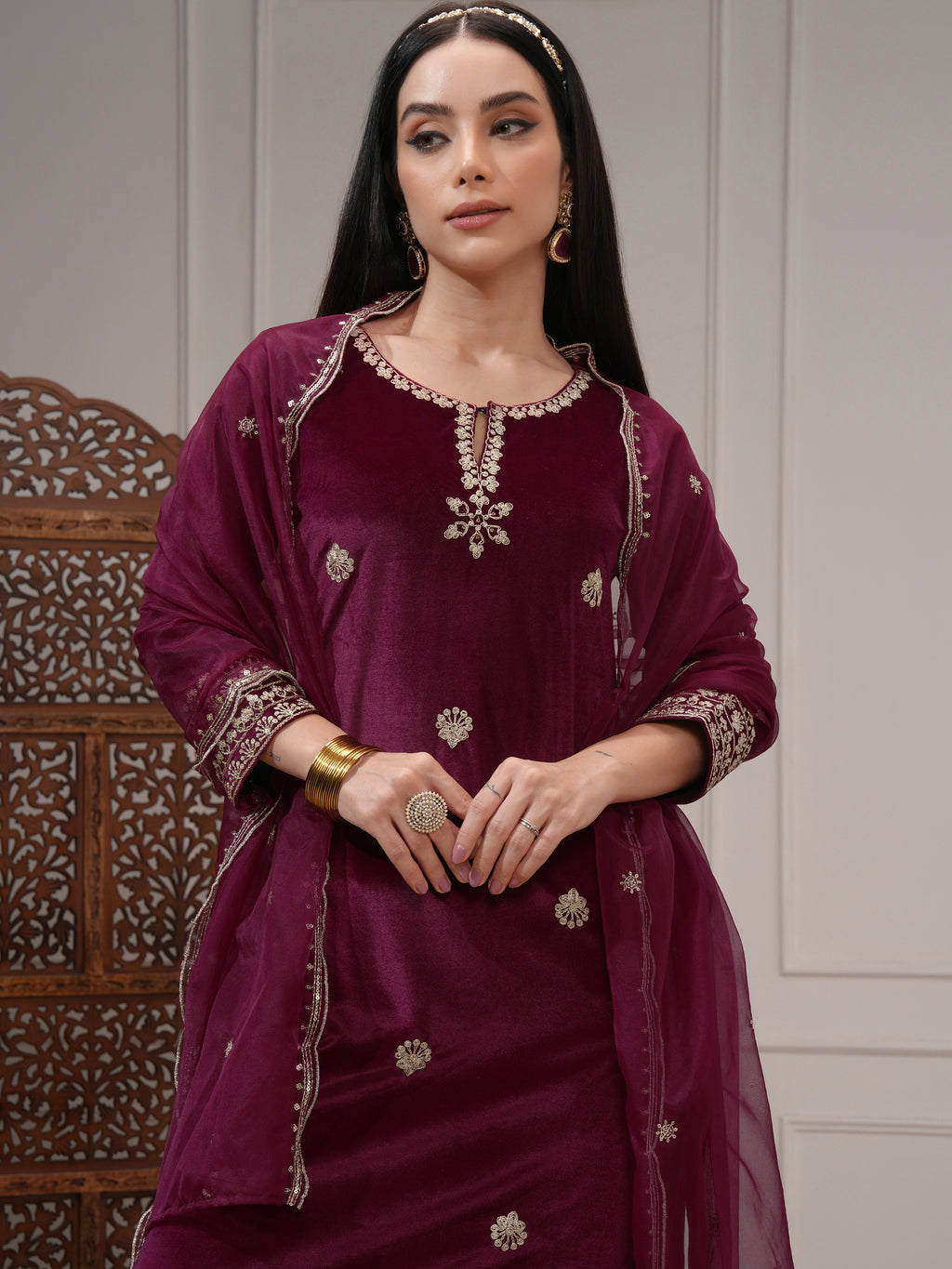 Vishudh Women Burgundy Women Kurta With Trousers And Dupatta - Burgundy - Image 1