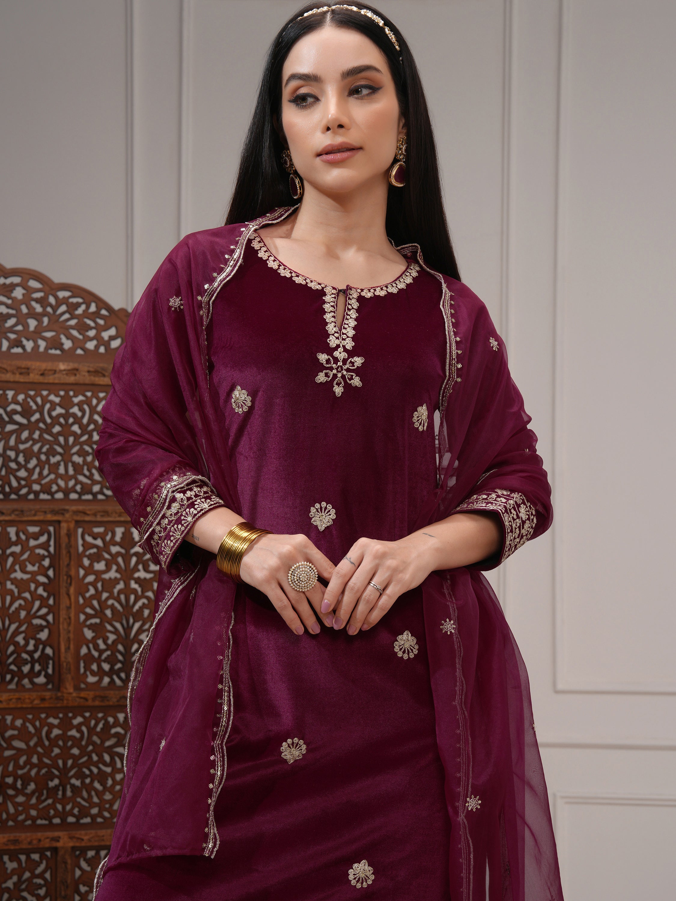 Vishudh Women Burgundy Women Kurta With Trousers And Dupatta - Burgundy - Image 1