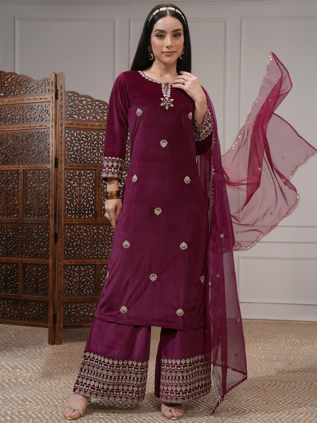 Vishudh Women Burgundy Women Kurta With Trousers And Dupatta - Burgundy - Image 2