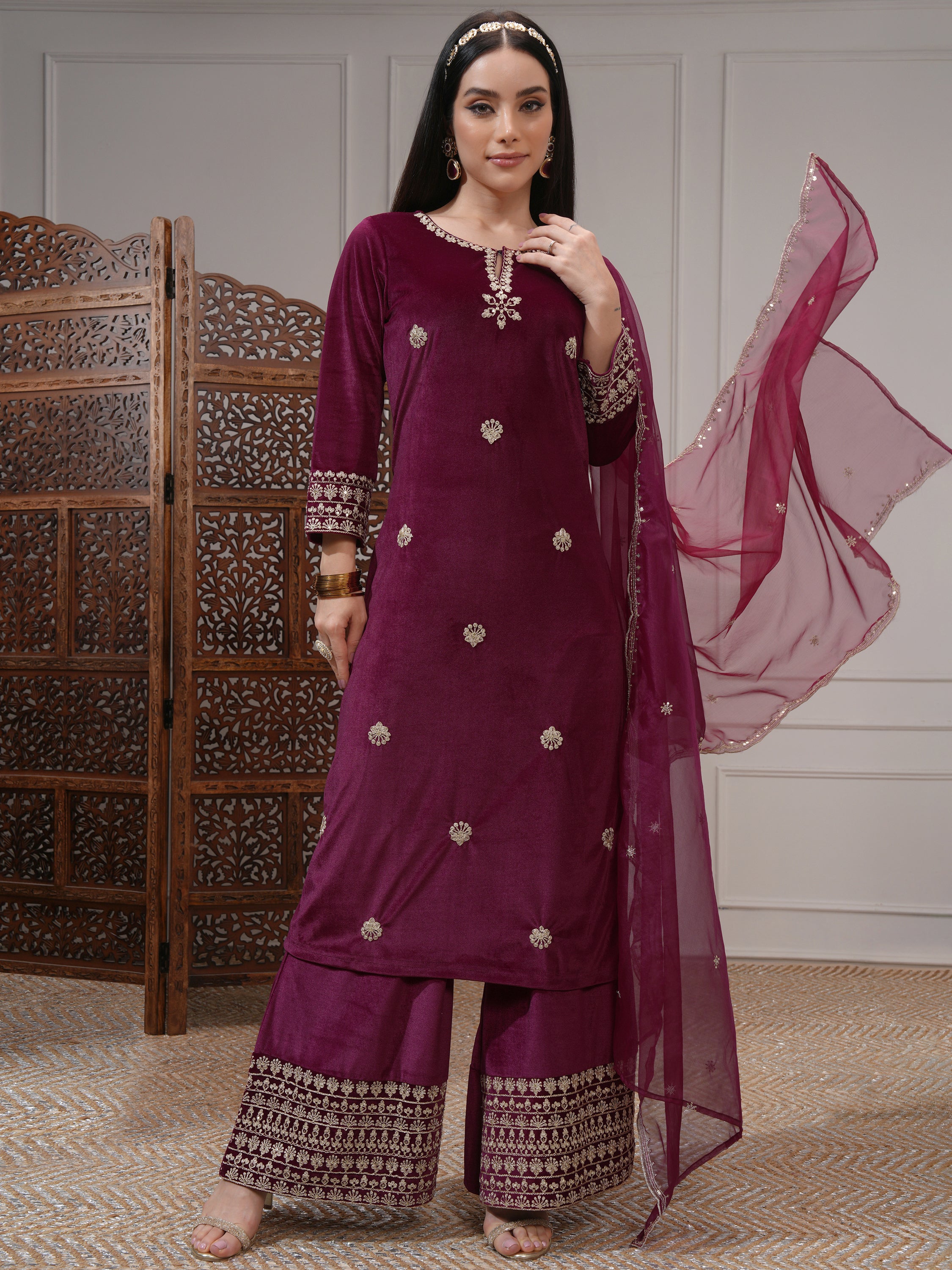 Vishudh Women Burgundy Women Kurta With Trousers And Dupatta - Burgundy - Image 2