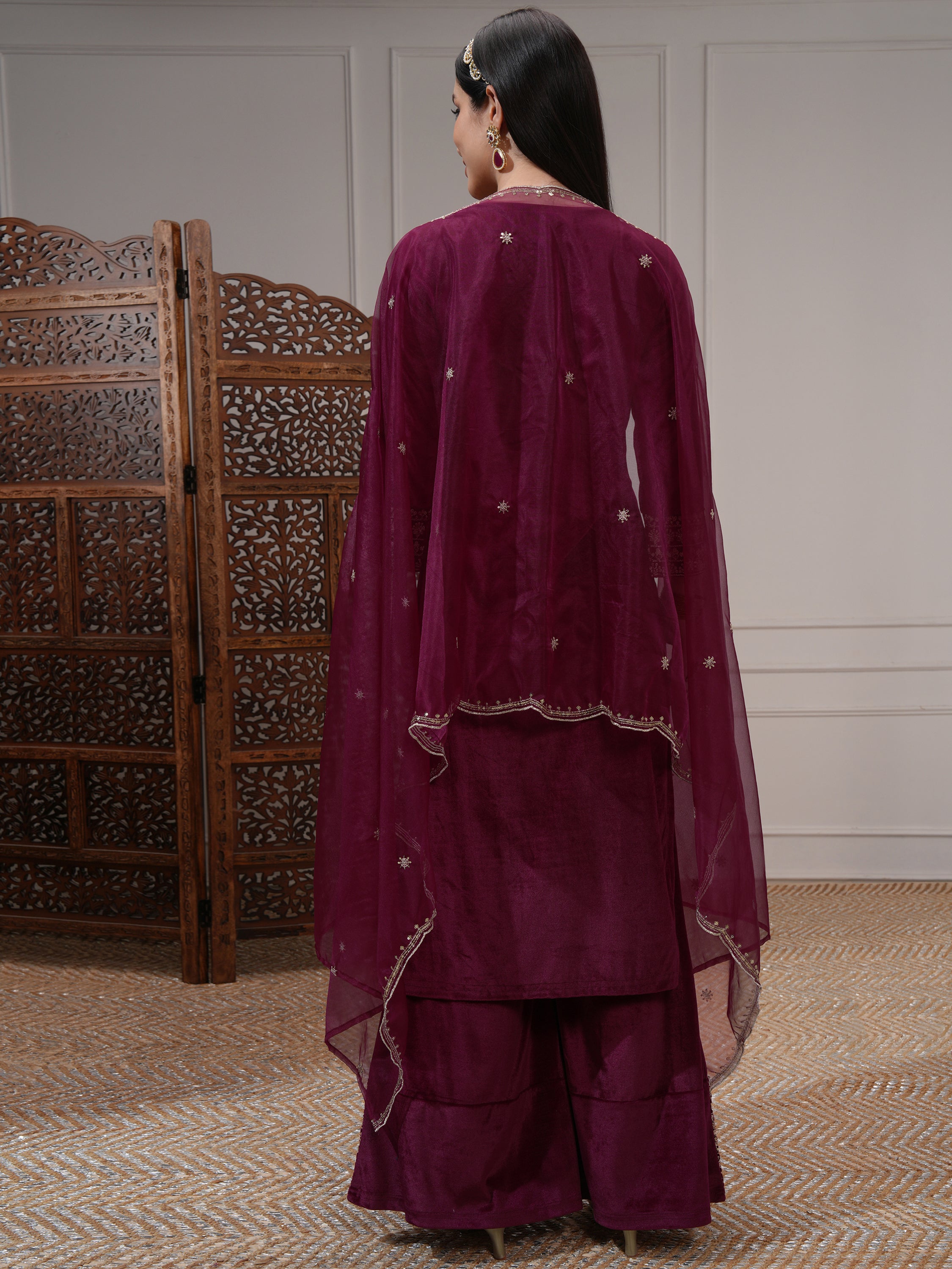 Vishudh Women Burgundy Women Kurta With Trousers And Dupatta - Burgundy - Image 3