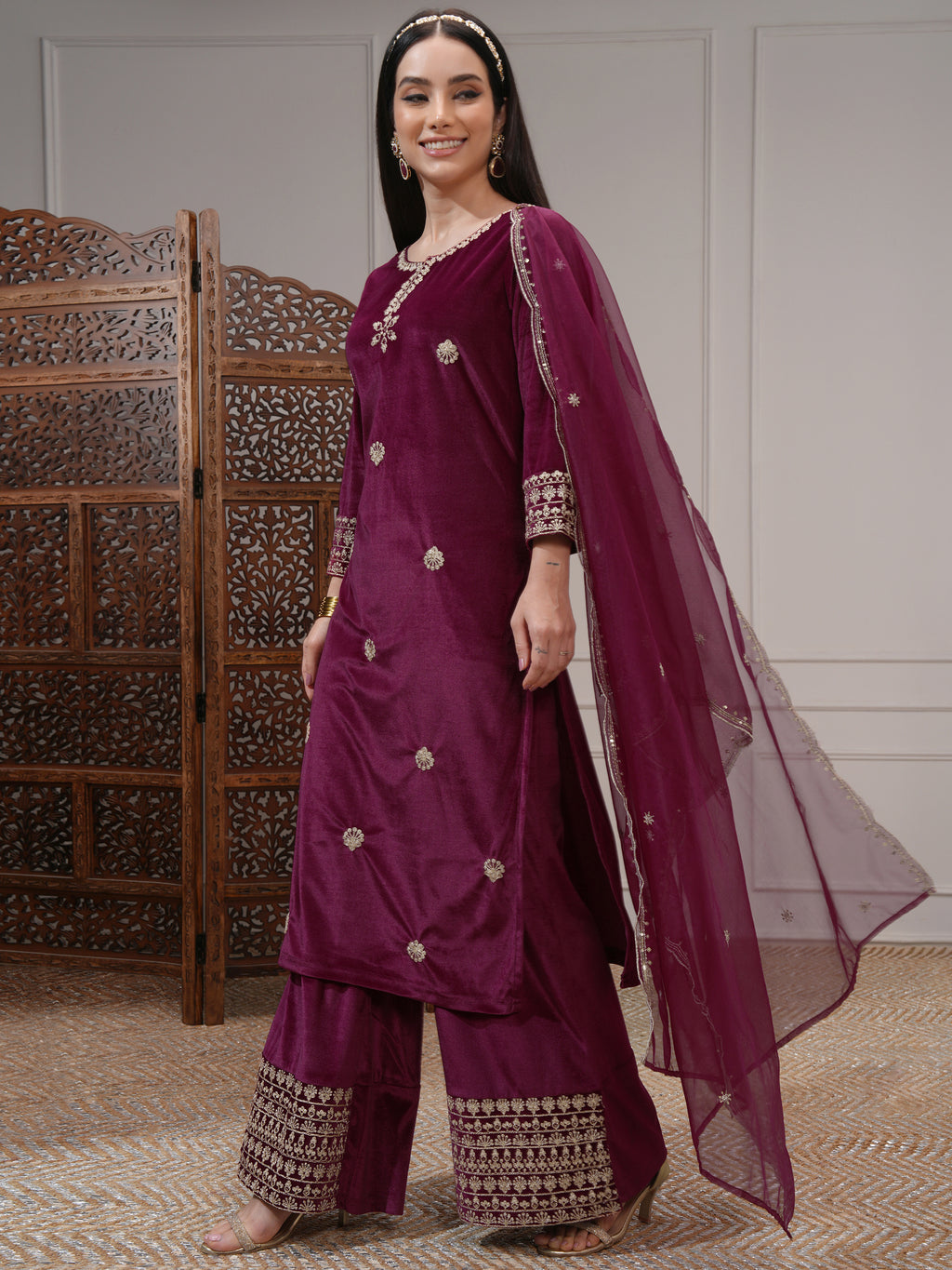Vishudh Women Burgundy Women Kurta With Trousers And Dupatta - Burgundy - Image 4