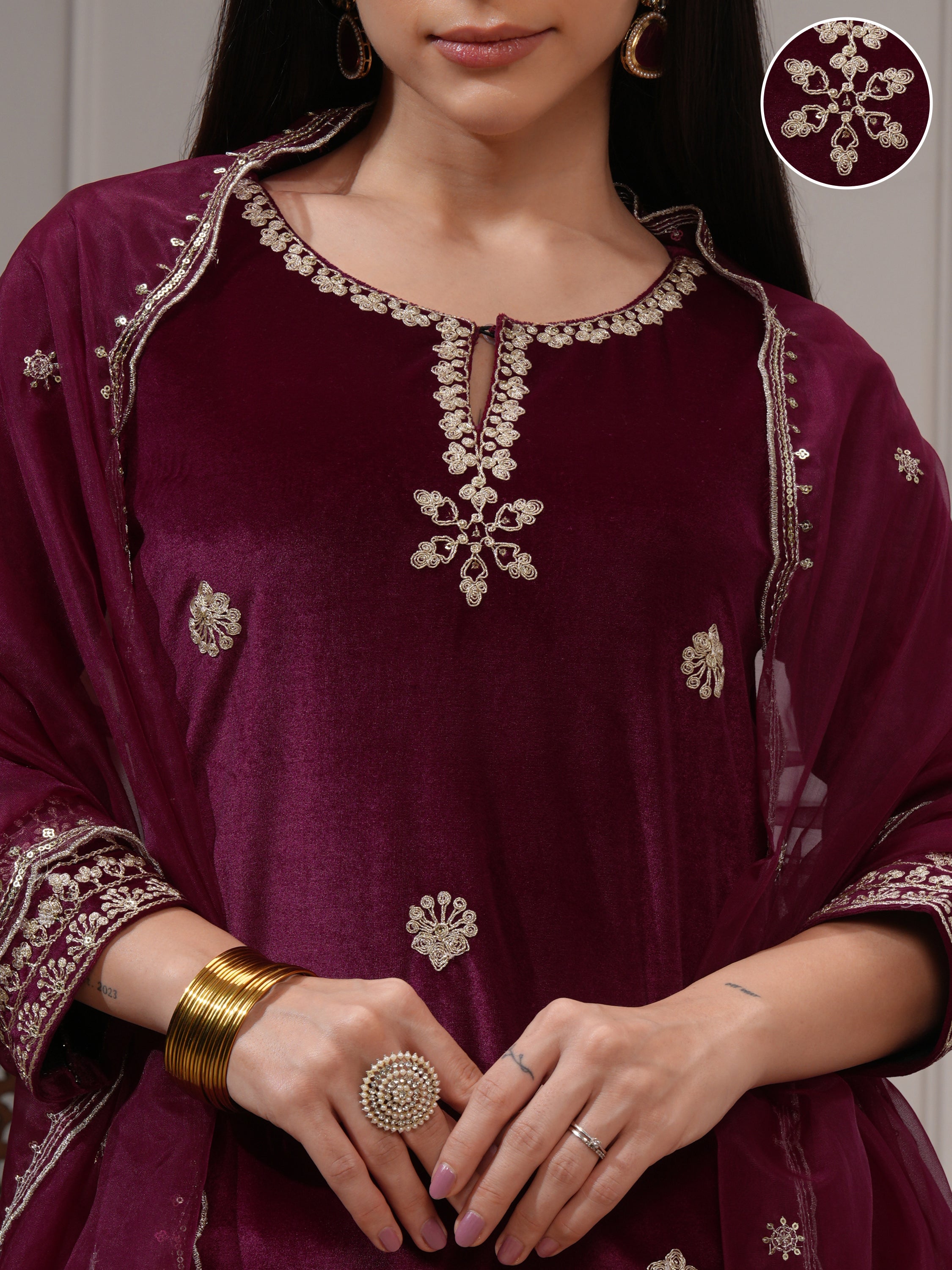 Vishudh Women Burgundy Women Kurta With Trousers And Dupatta - Burgundy - Image 5