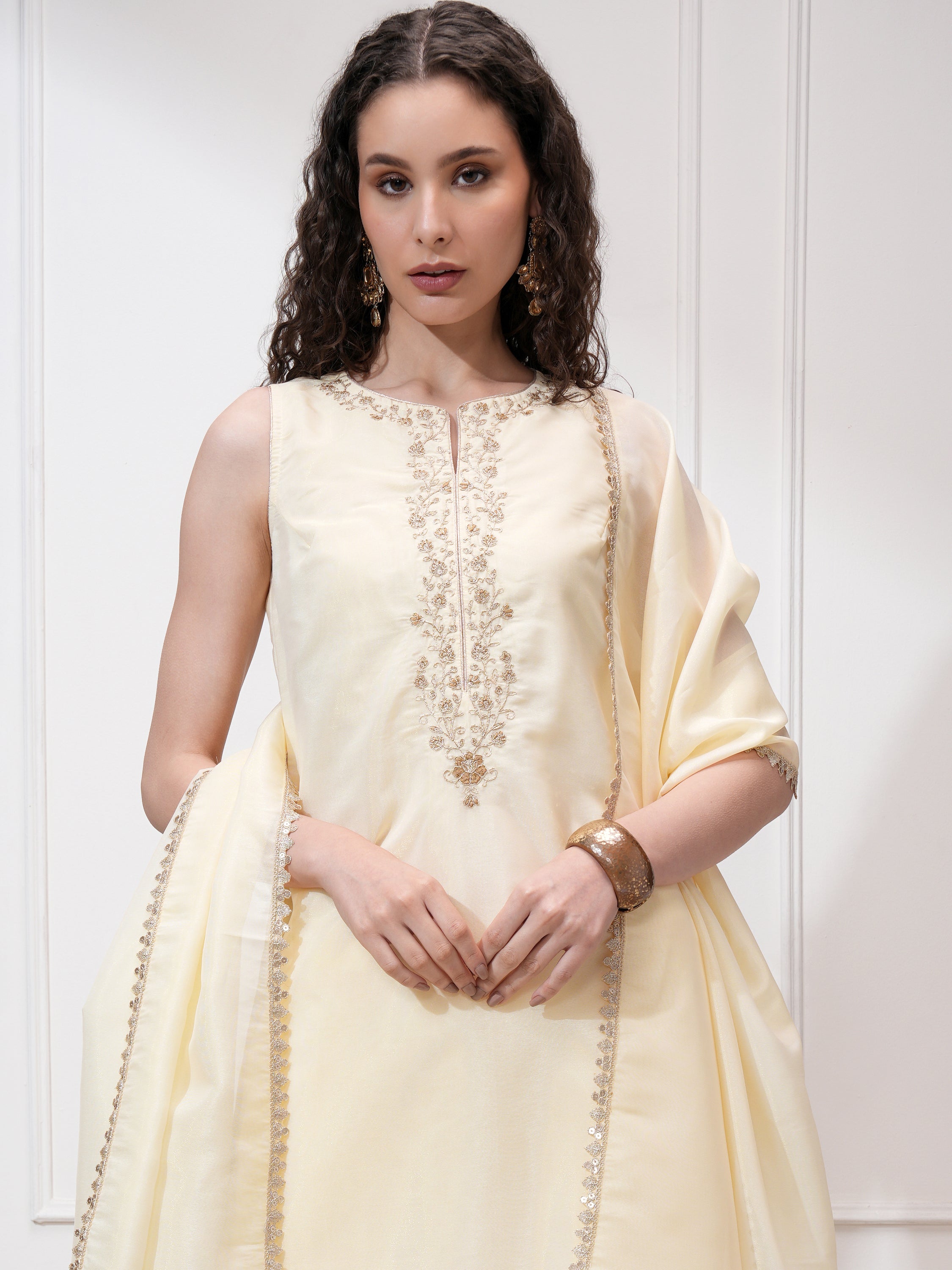 Vishudh Women Cream Kurta With Trouser And Dupatta - Cream - Image 1