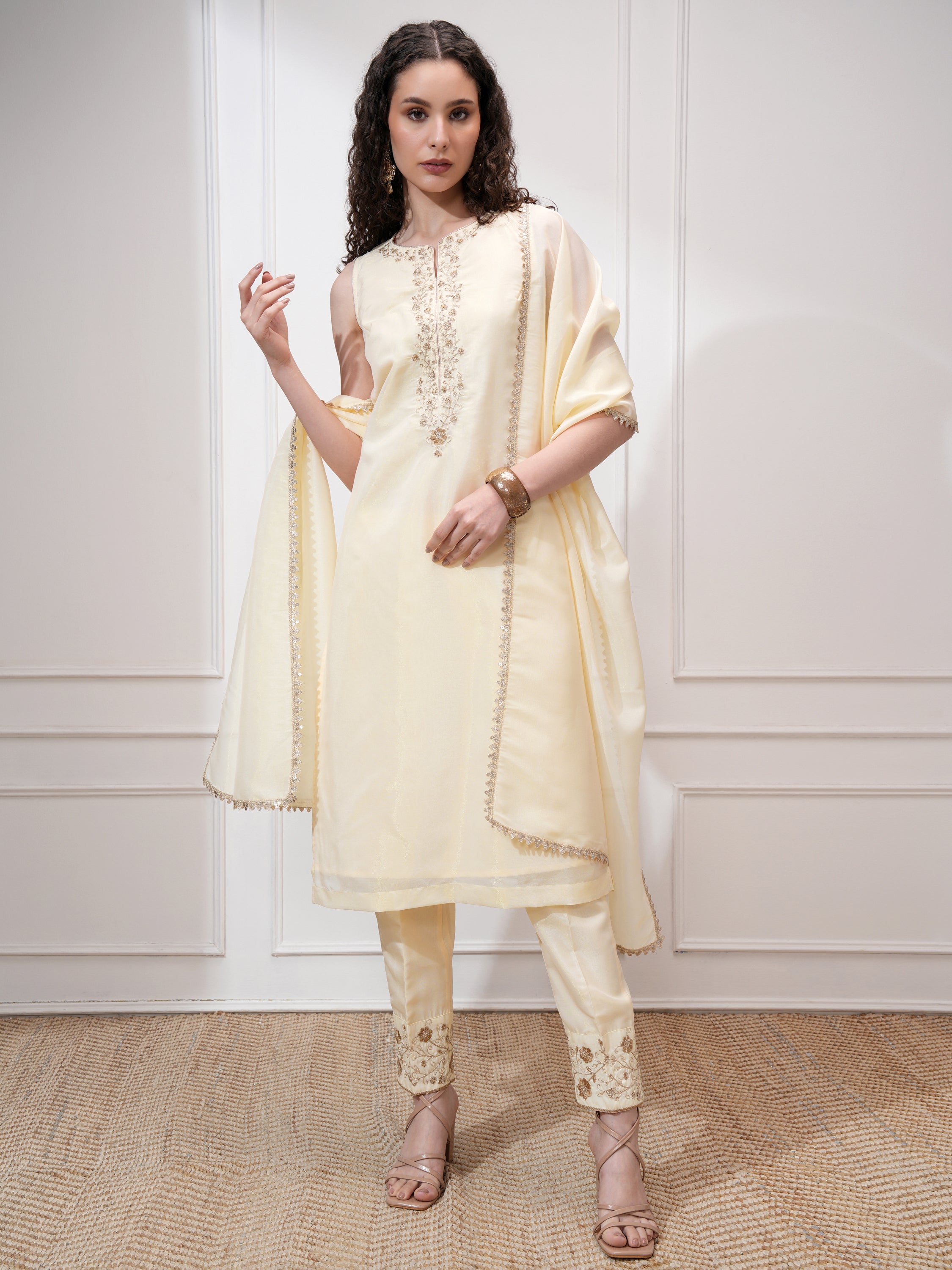 Vishudh Women Cream Kurta With Trouser And Dupatta - Cream - Image 2