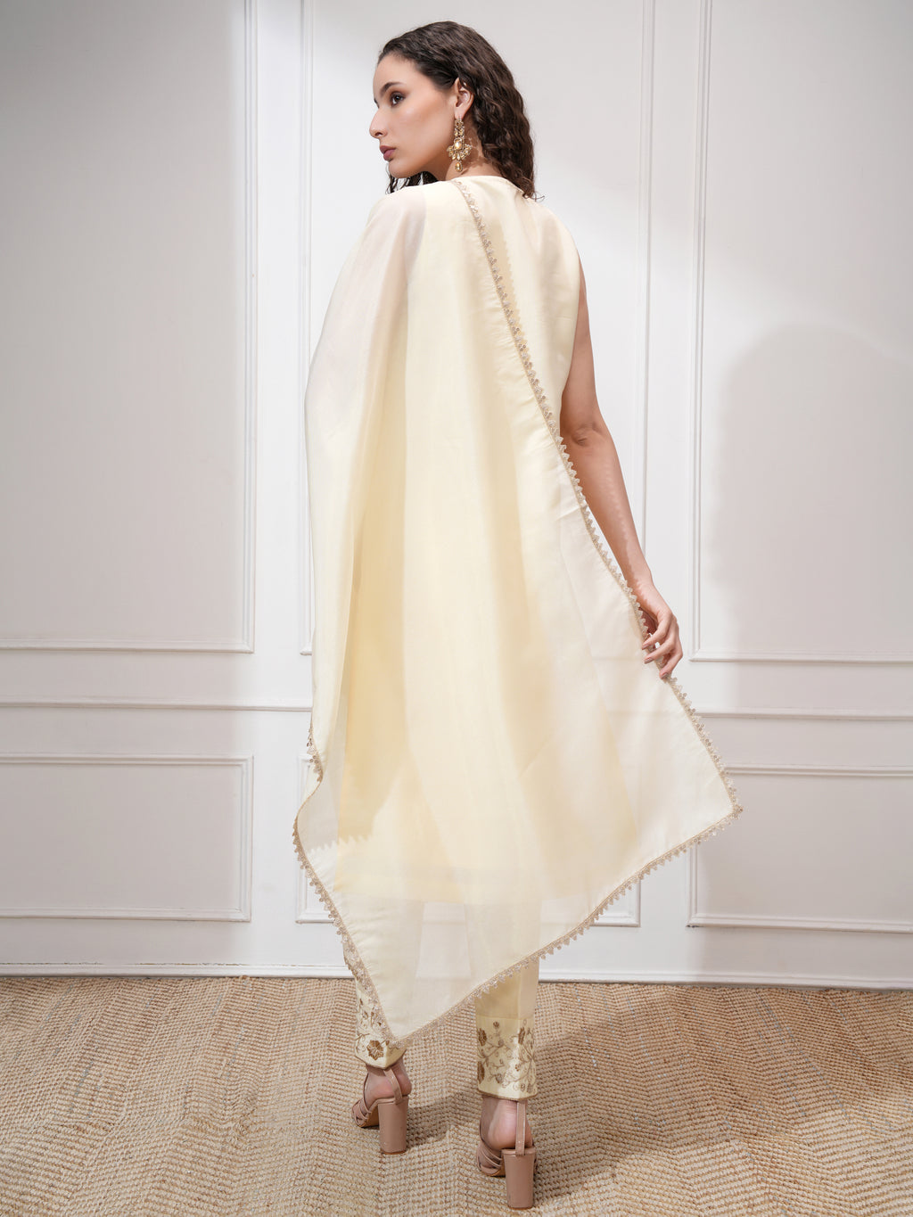 Vishudh Women Cream Kurta With Trouser And Dupatta - Cream - Image 3