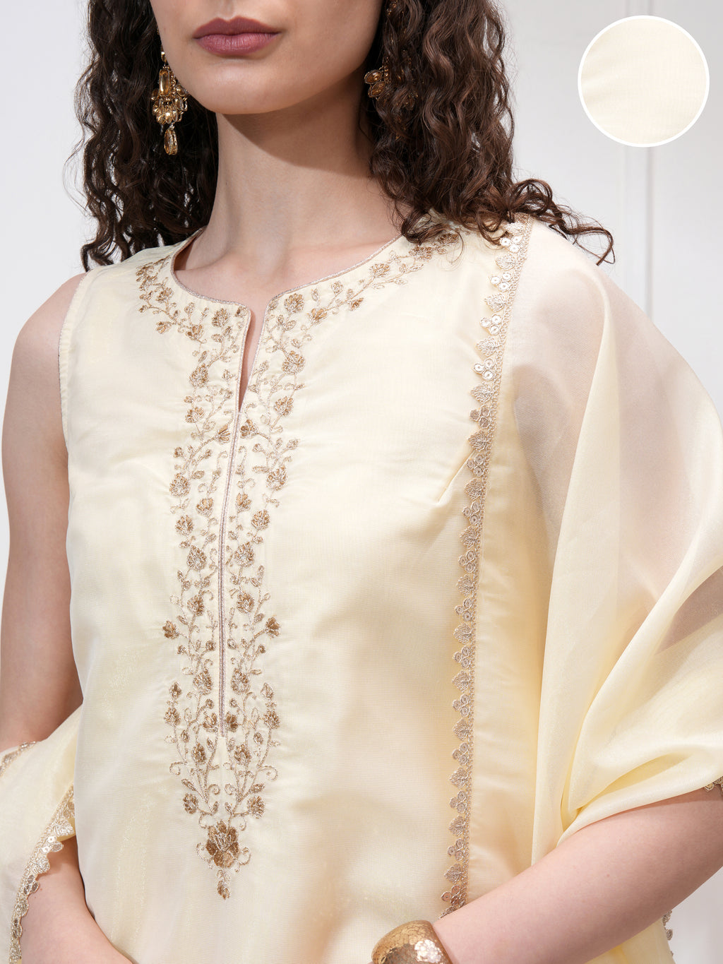 Vishudh Women Cream Kurta With Trouser And Dupatta - Cream - Image 5