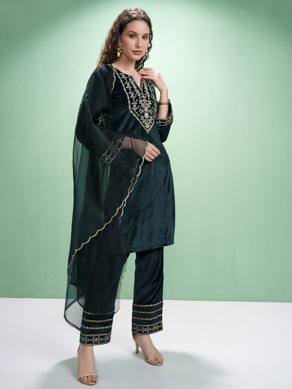 Vishudh Women Green Embroidered Kurta With Trouser And Dupatta - Green - Image 6